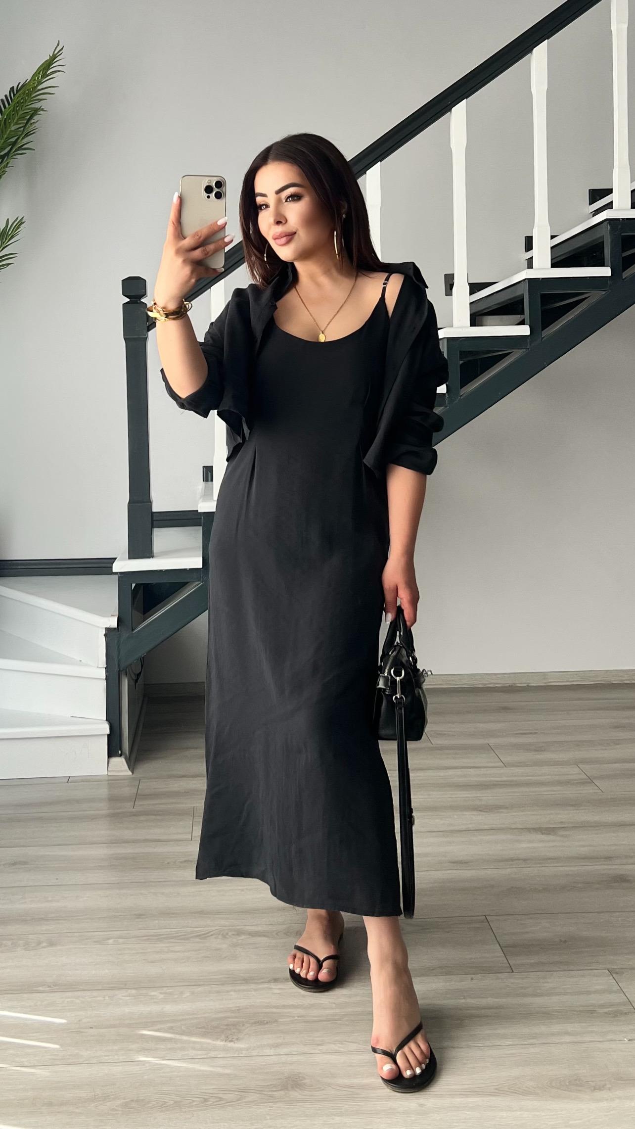 Black Adjustable Strap Modal Fabric Dress - Shirt Set