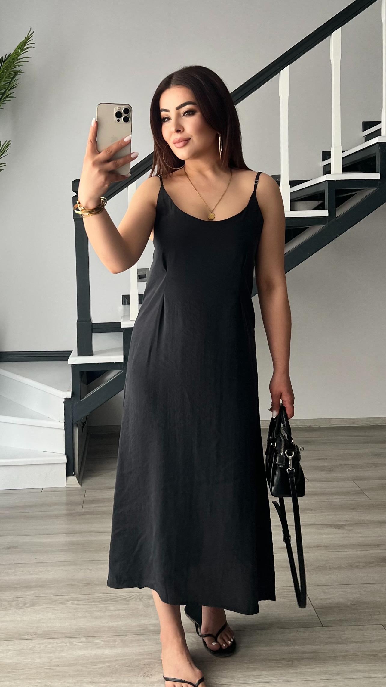 Black Adjustable Strap Modal Fabric Dress - Shirt Set