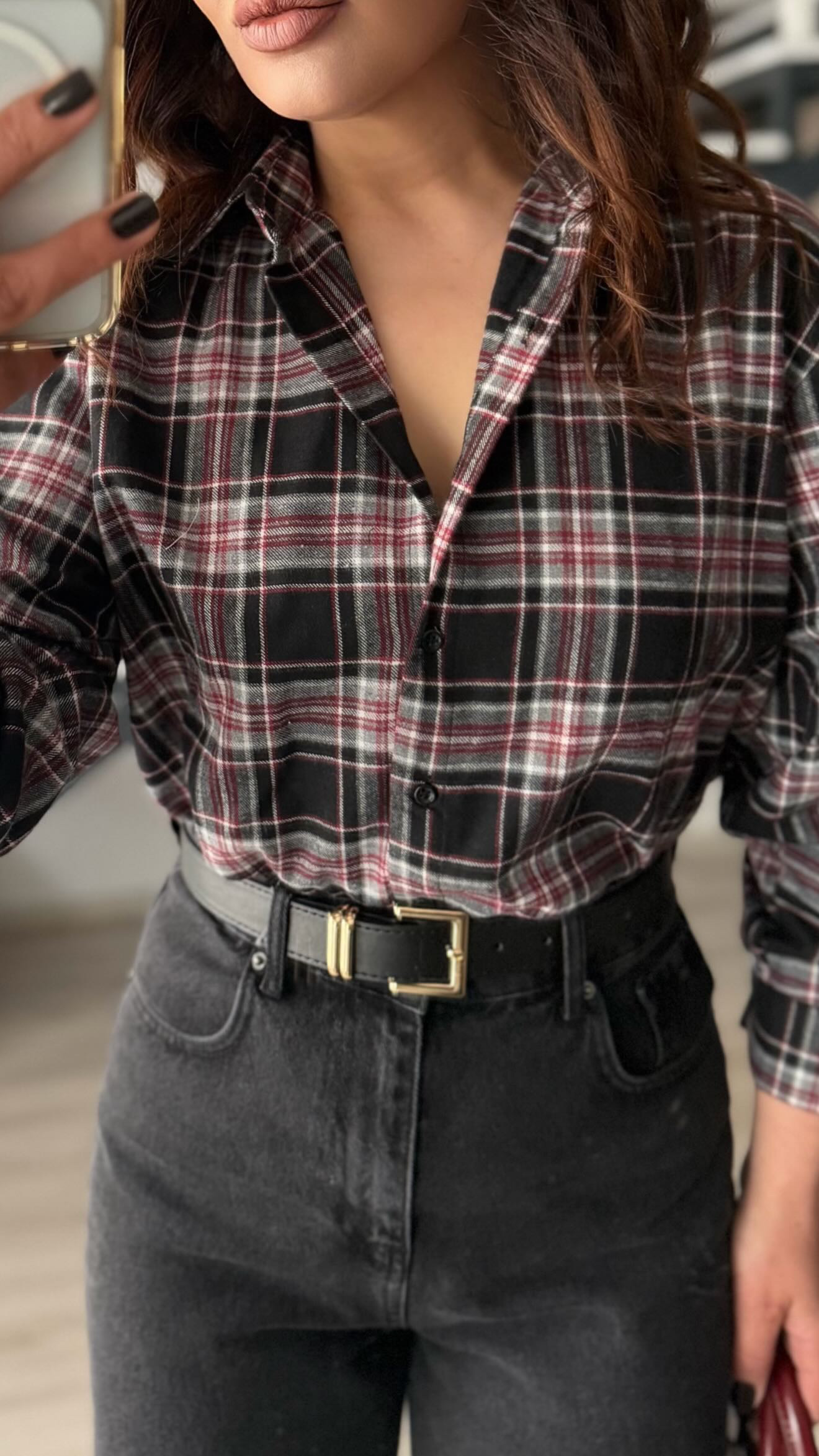 Black-Burgundy Plaid Flannel Shirt