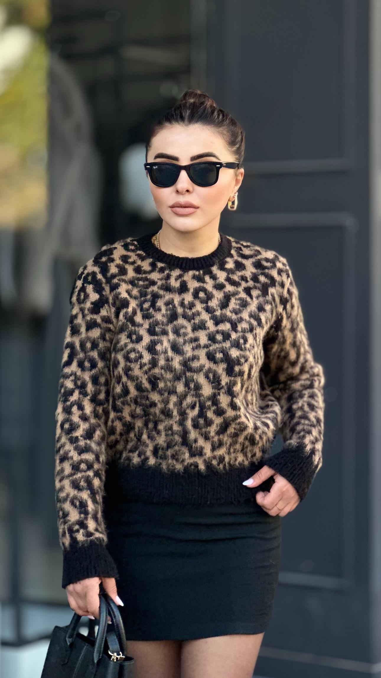 Black - Camel Leopard Print Brushed Sweater