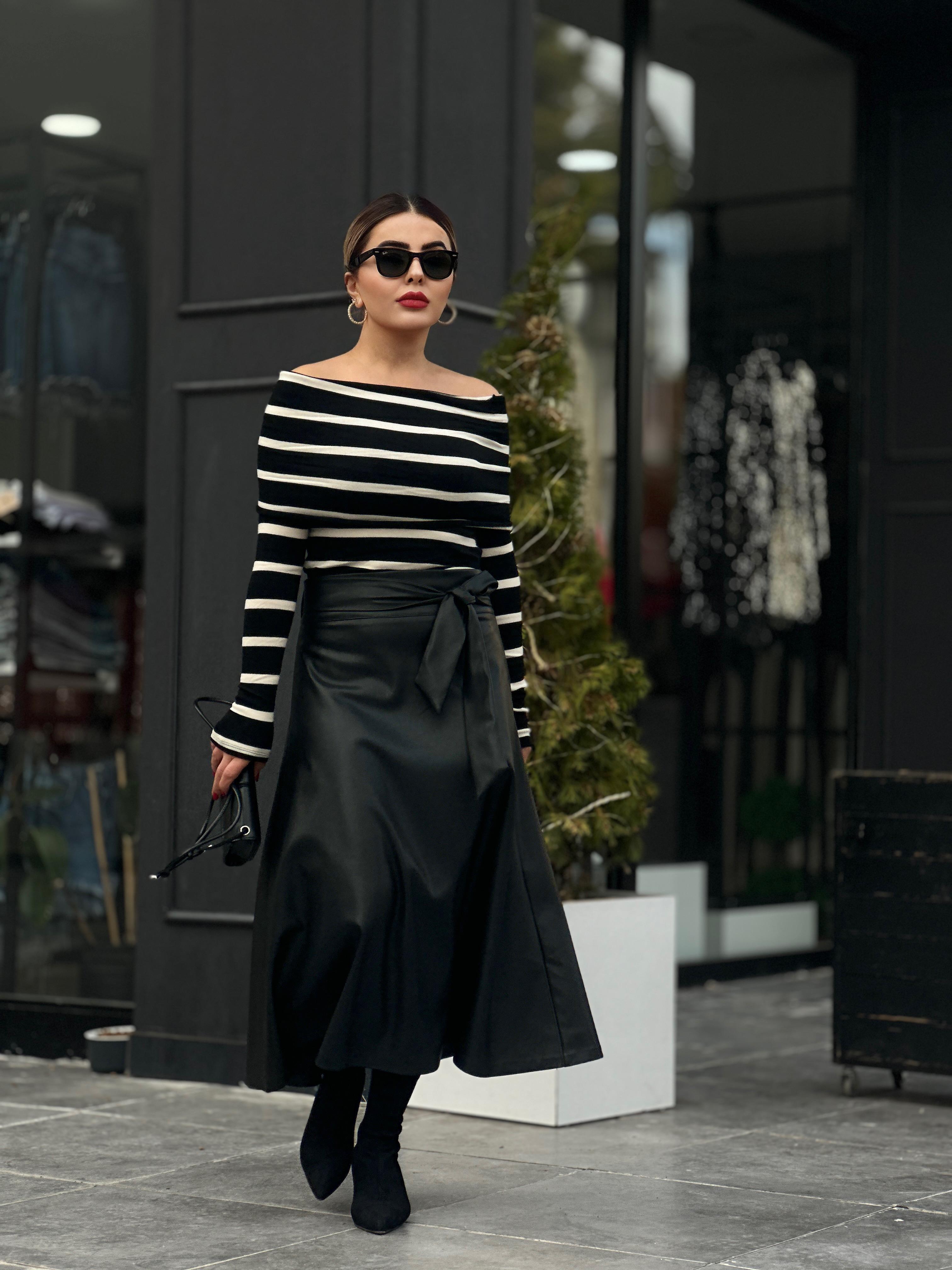 Black Leather Skirt with Bell Belt