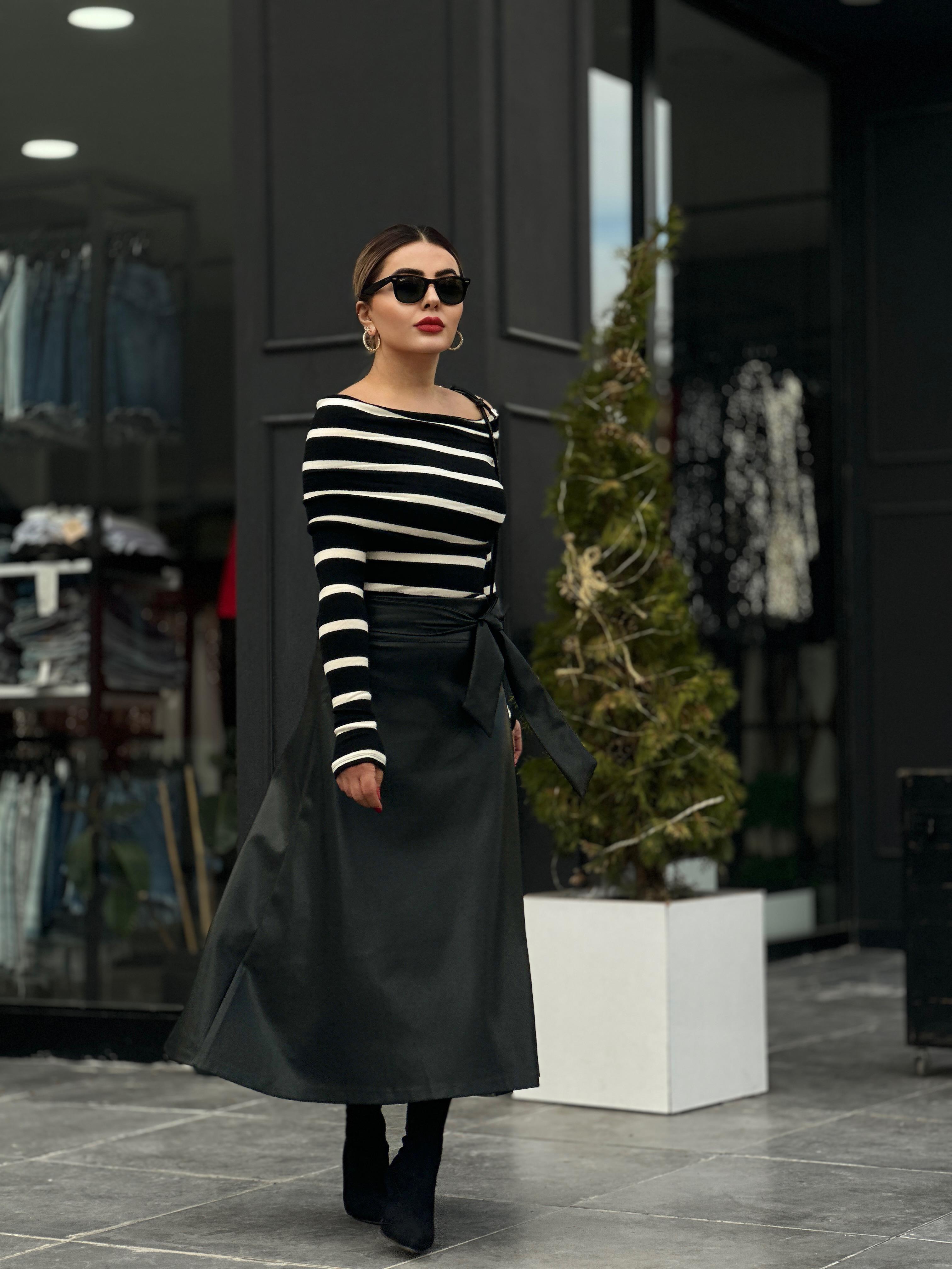 Black Leather Skirt with Bell Belt