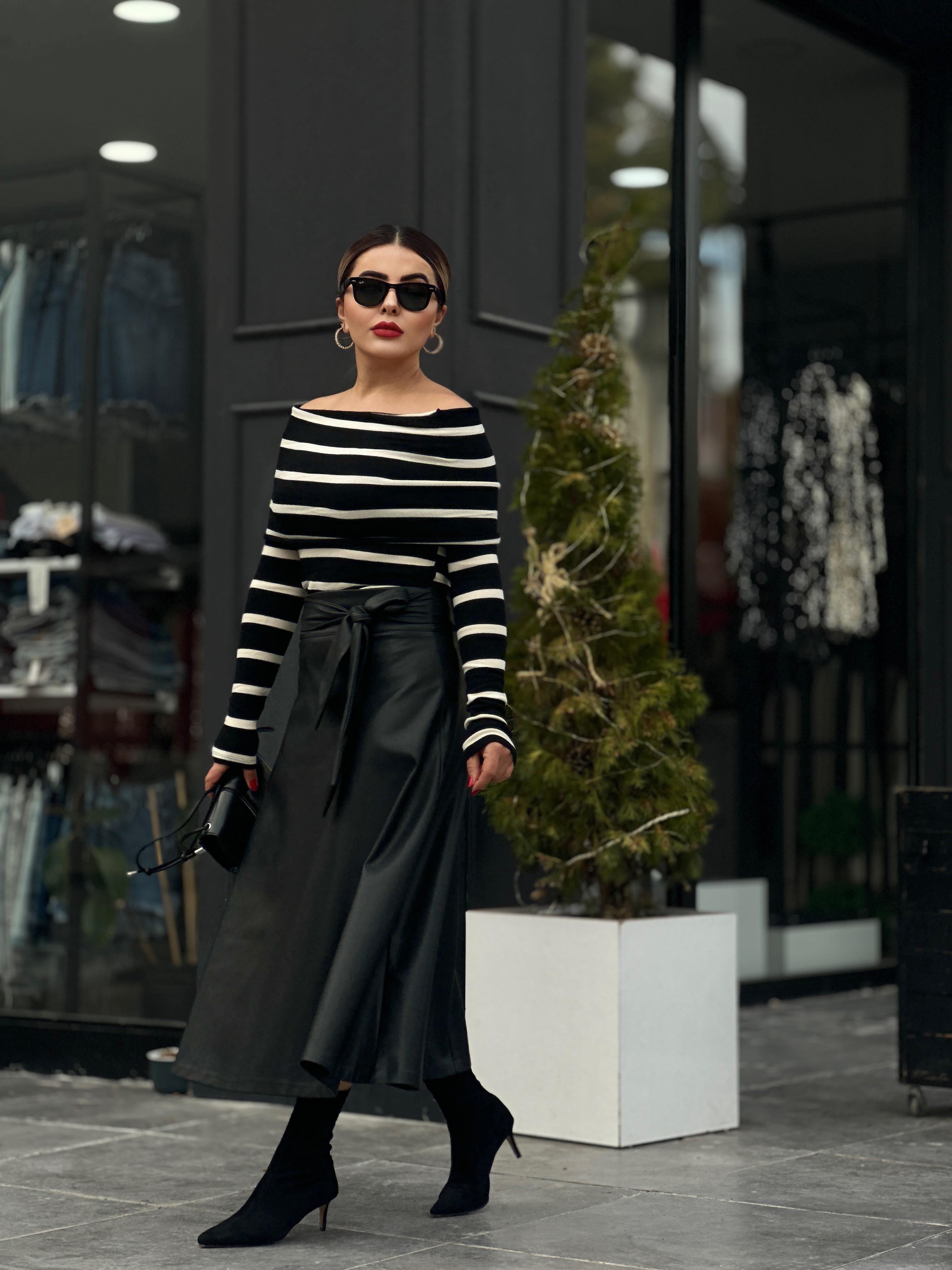 Black Leather Skirt with Bell Belt