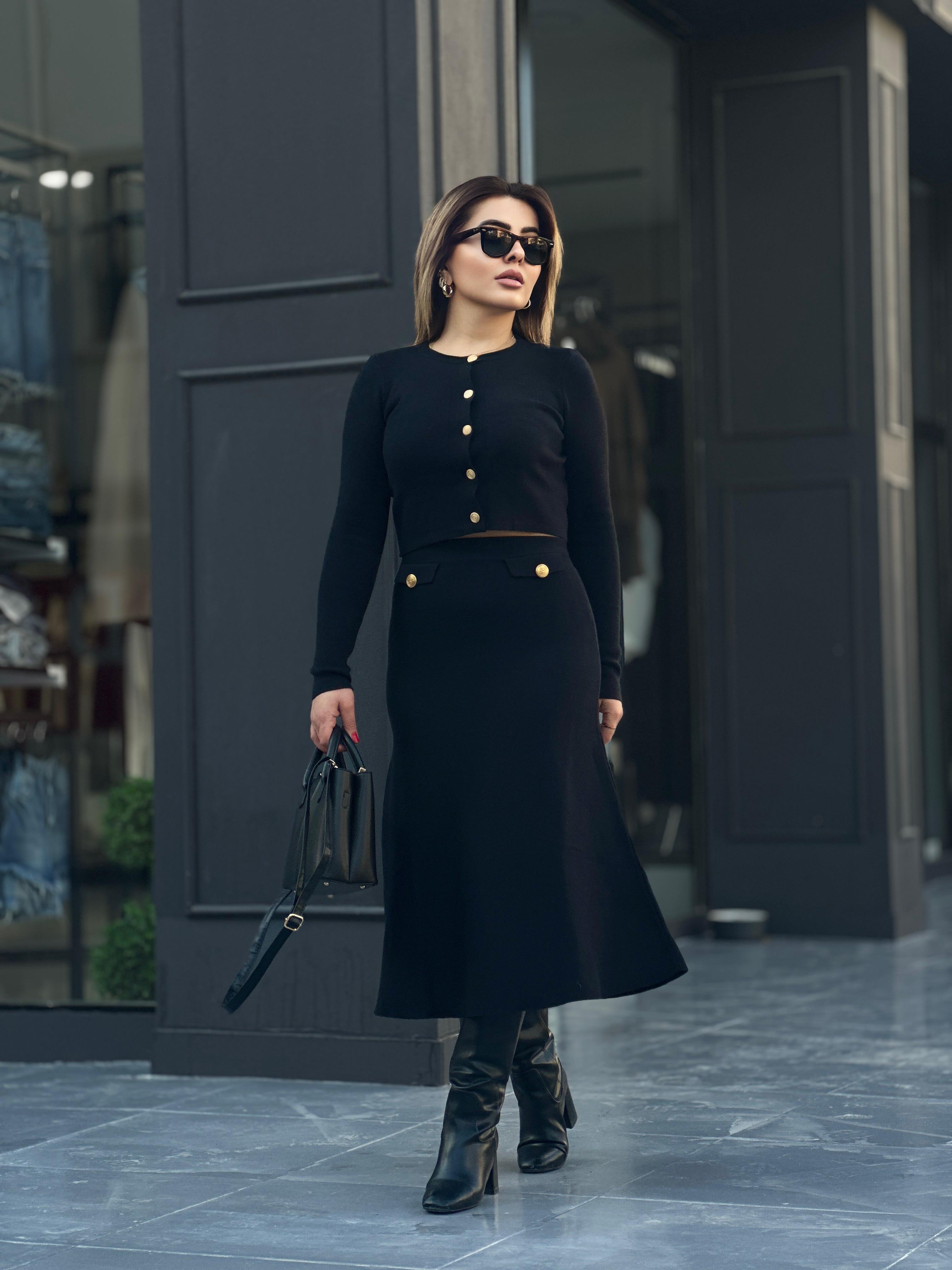 Black Steel Knit Buttoned Pocket A-Skirt Set