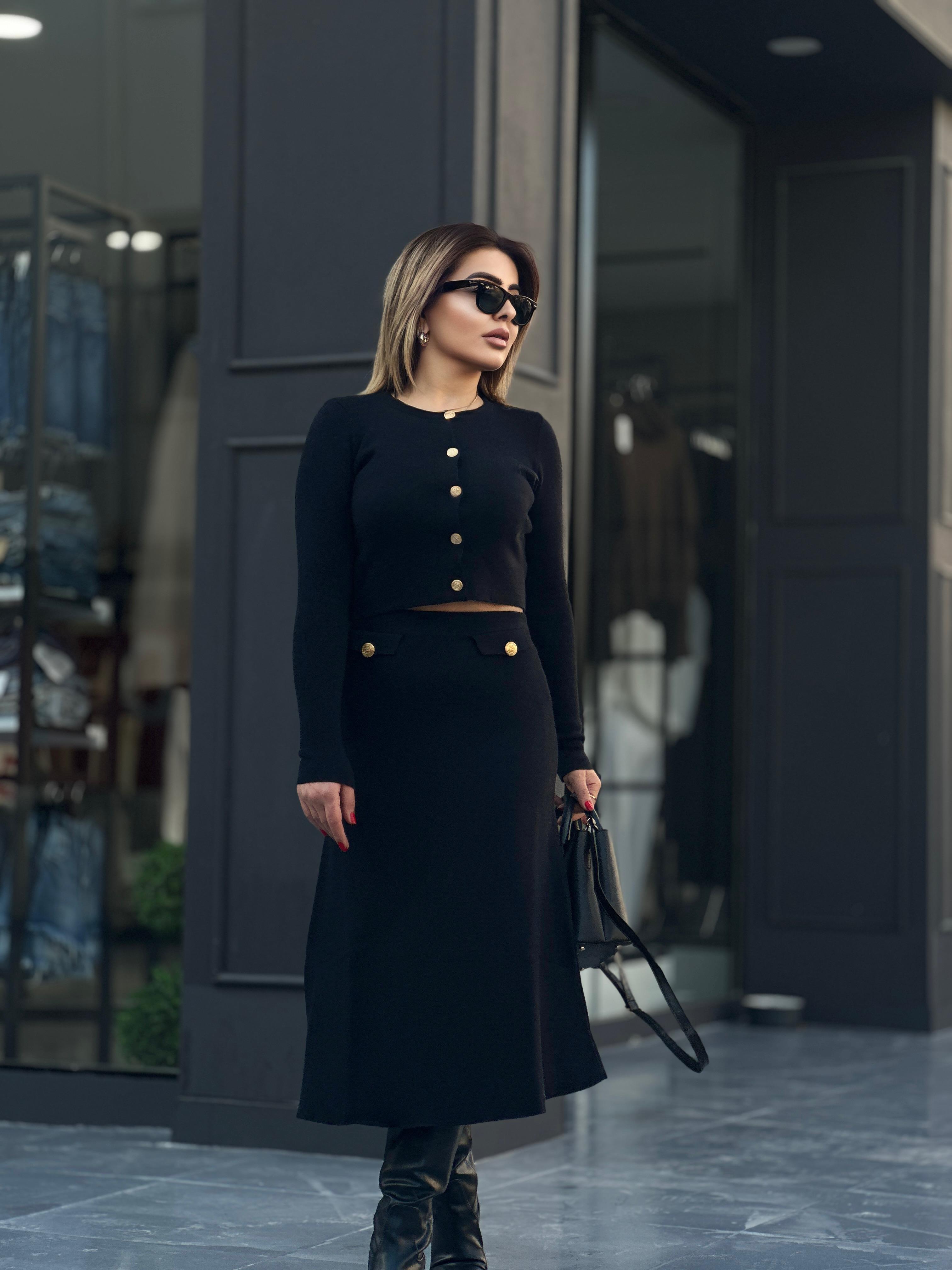 Black Steel Knit Buttoned Pocket A-Skirt Set