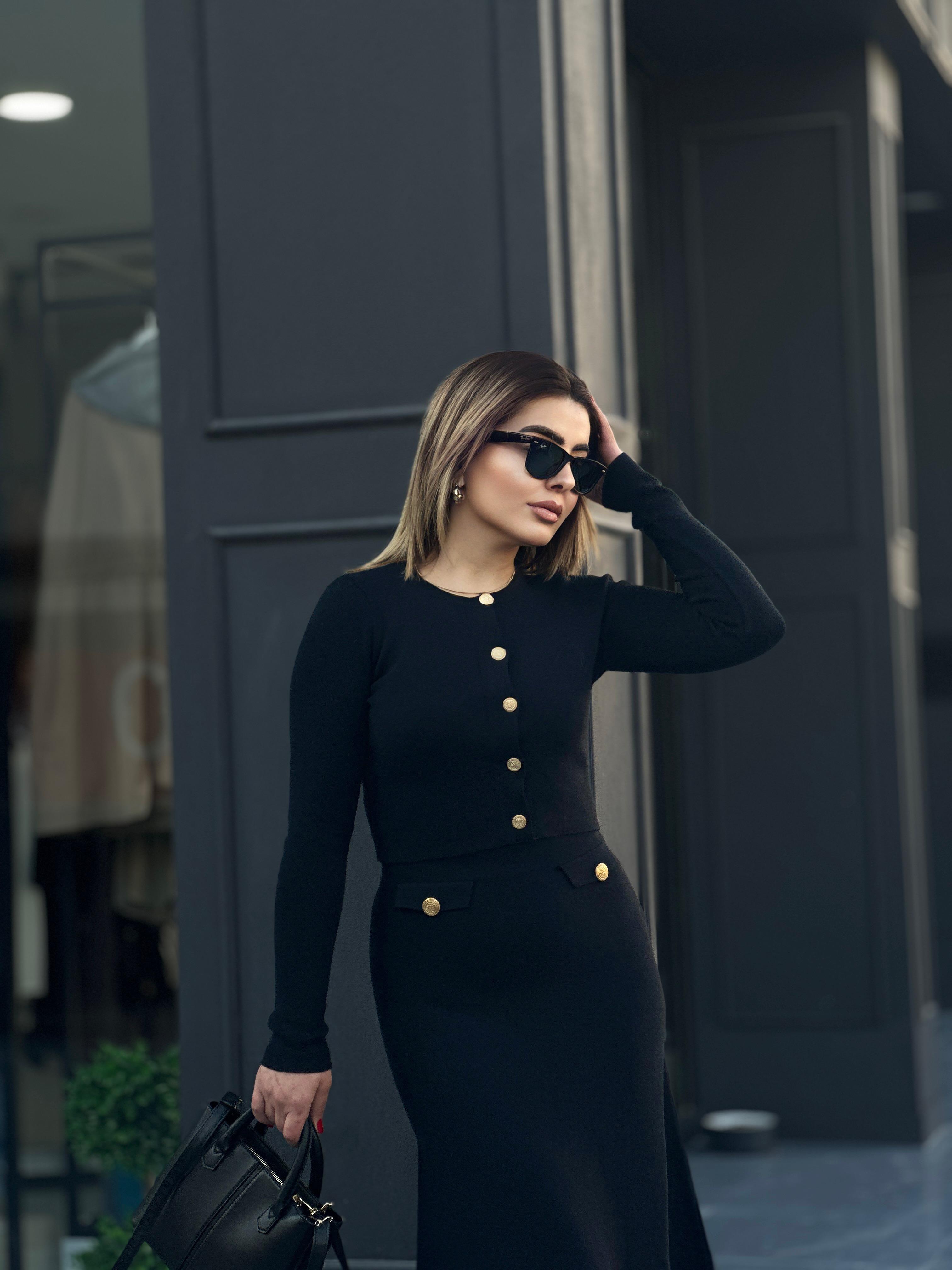 Black Steel Knit Buttoned Pocket A-Skirt Set