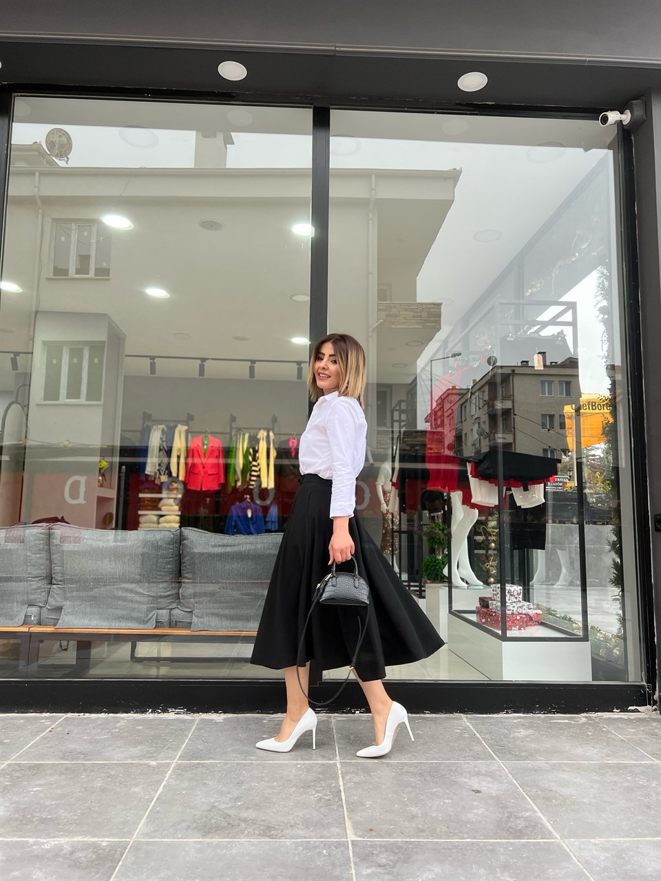 Black Pocket Detail Flared Skirt