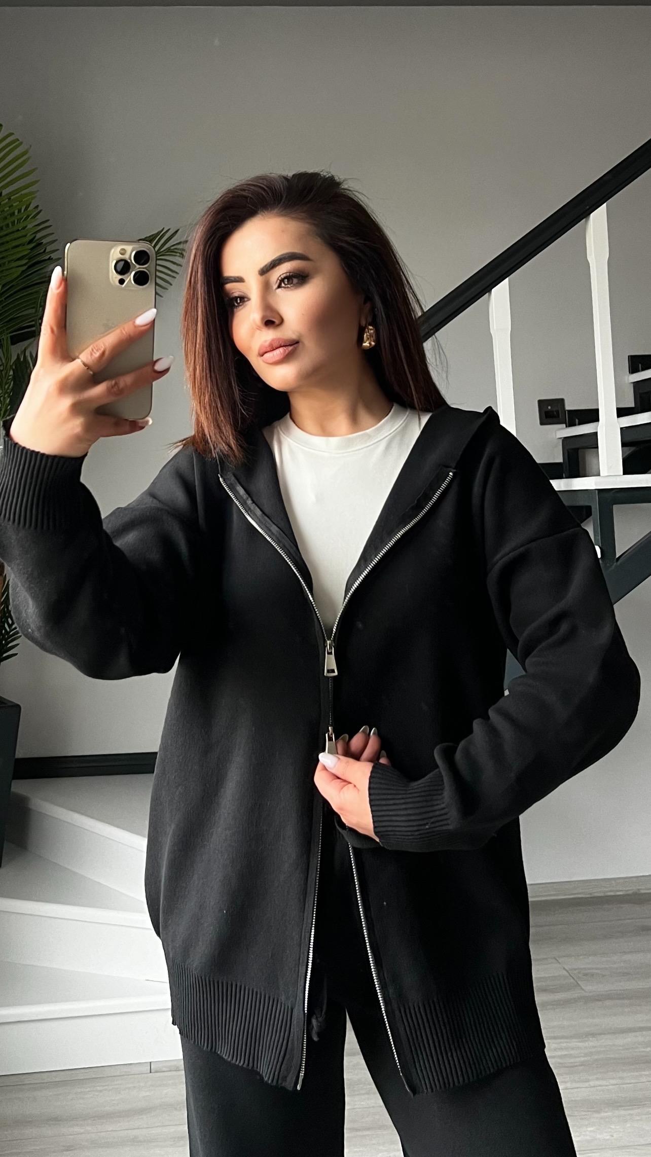 Black Hooded Knit Set with Double Zipper Detail