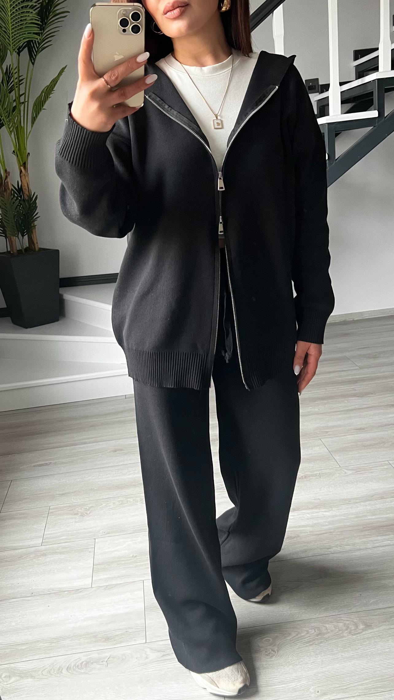 Black Hooded Knit Set with Double Zipper Detail