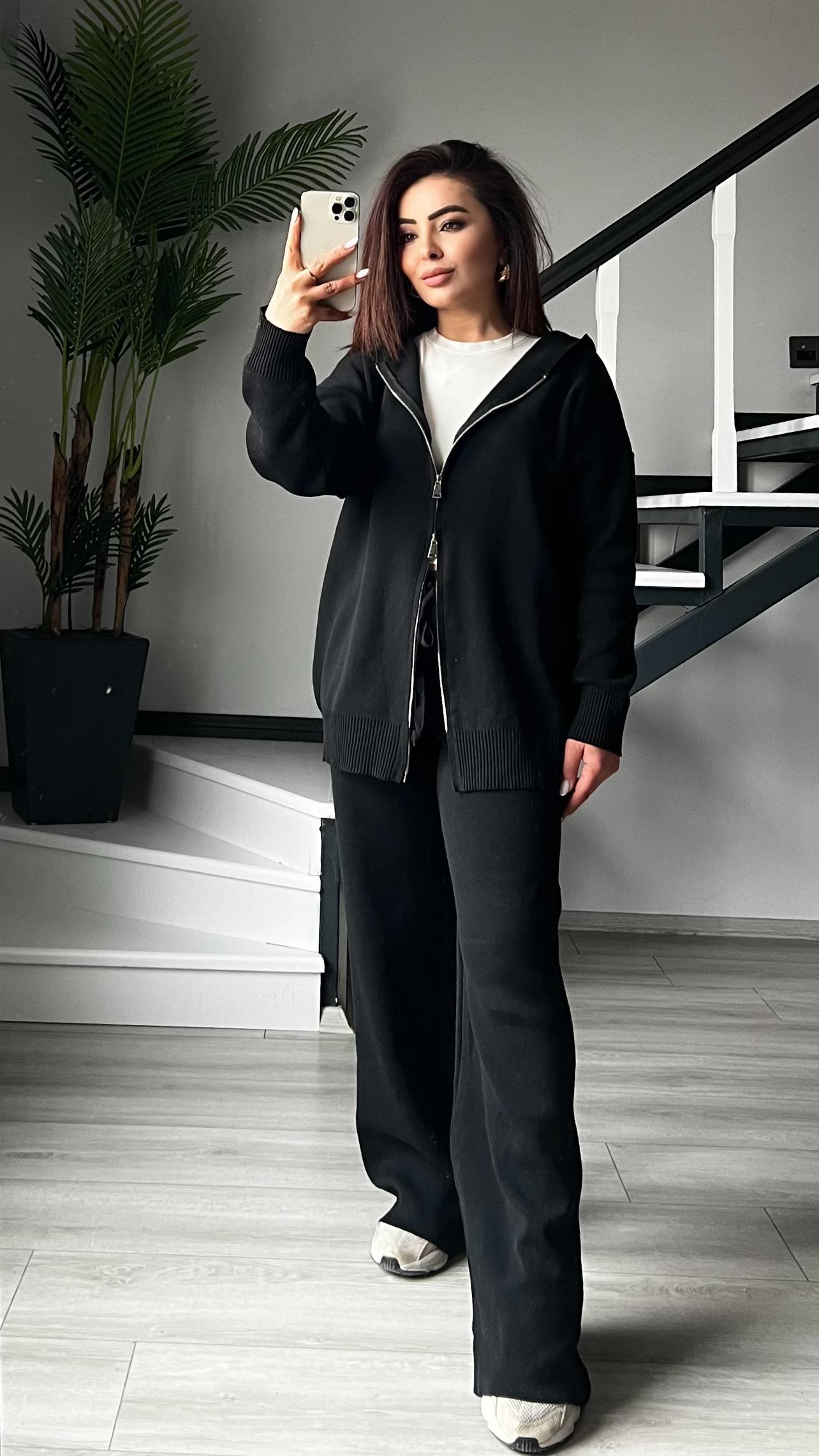 Black Hooded Knit Set with Double Zipper Detail