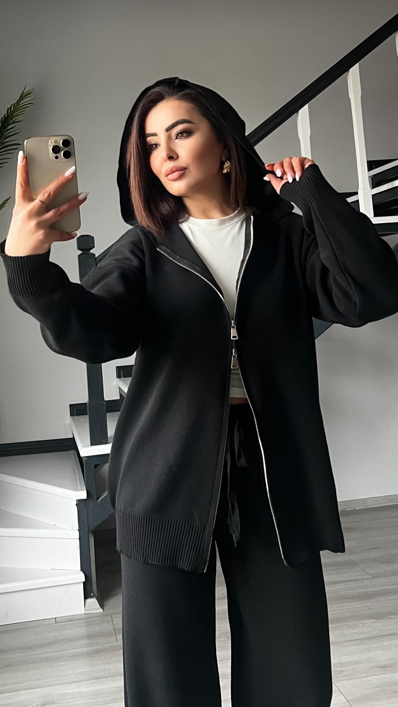 Black Hooded Knit Set with Double Zipper Detail
