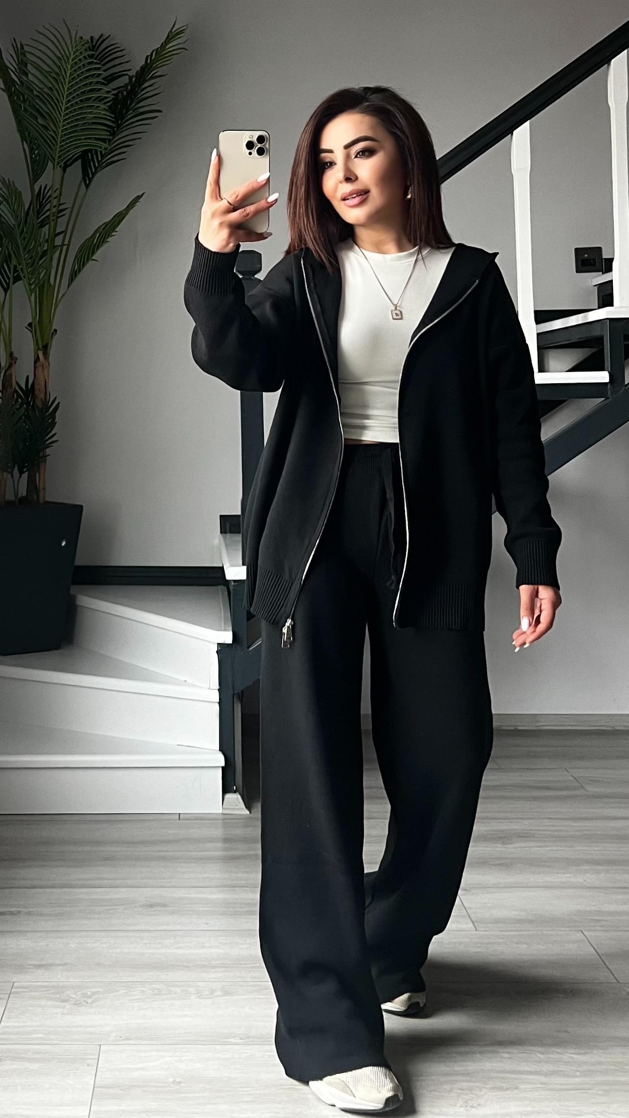 Black Hooded Knit Set with Double Zipper Detail