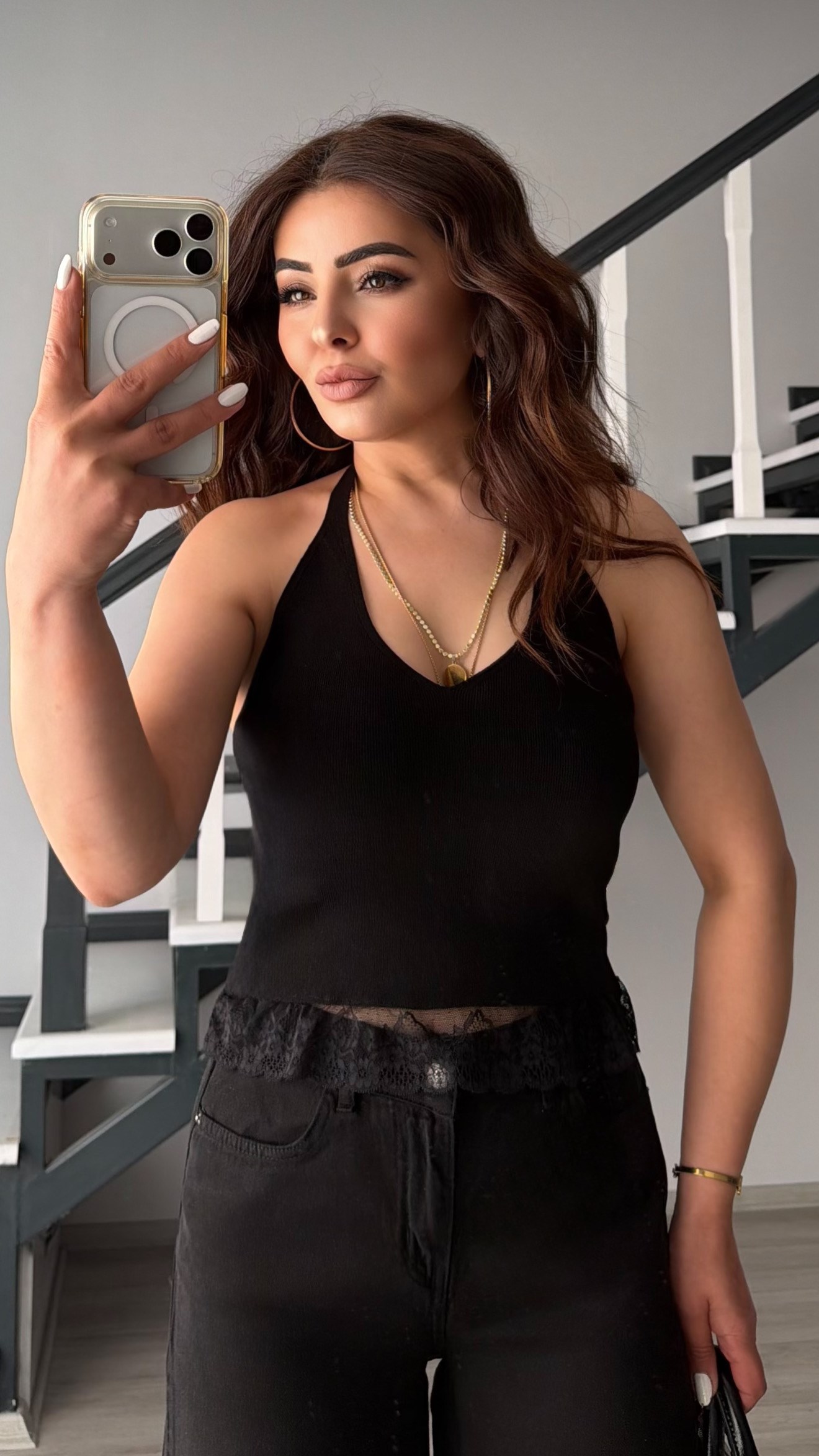 Black Lace V-Neck Halter Knit Blouse