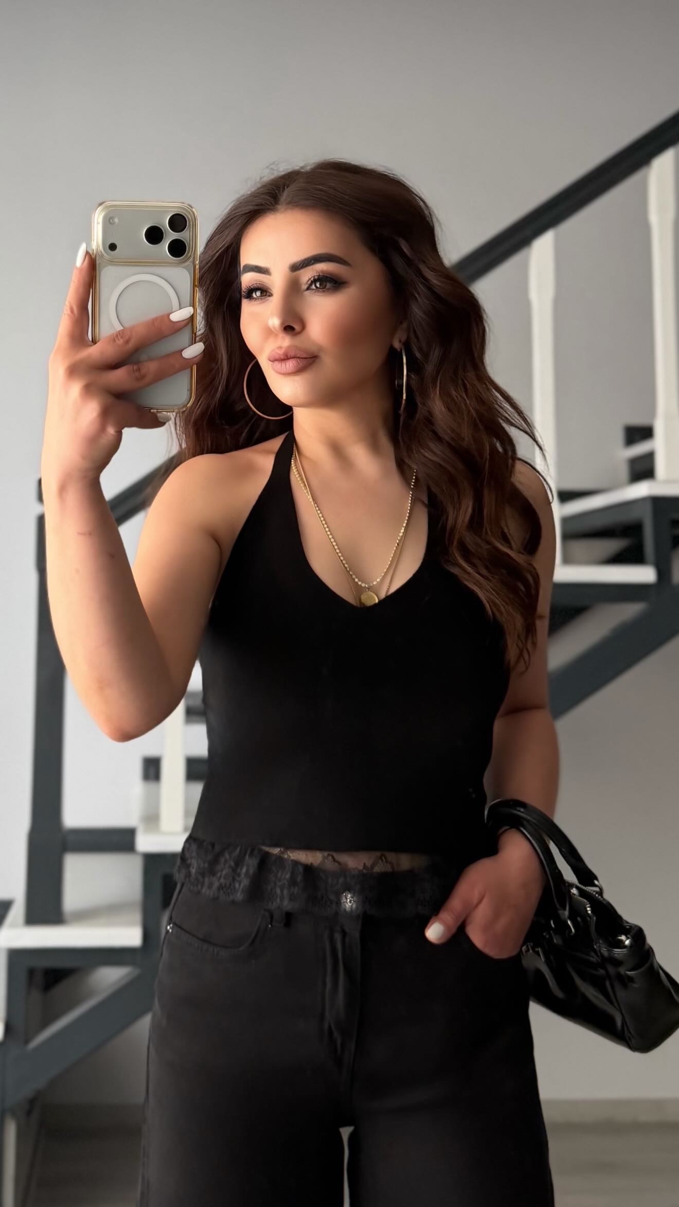 Black Lace V-Neck Halter Knit Blouse