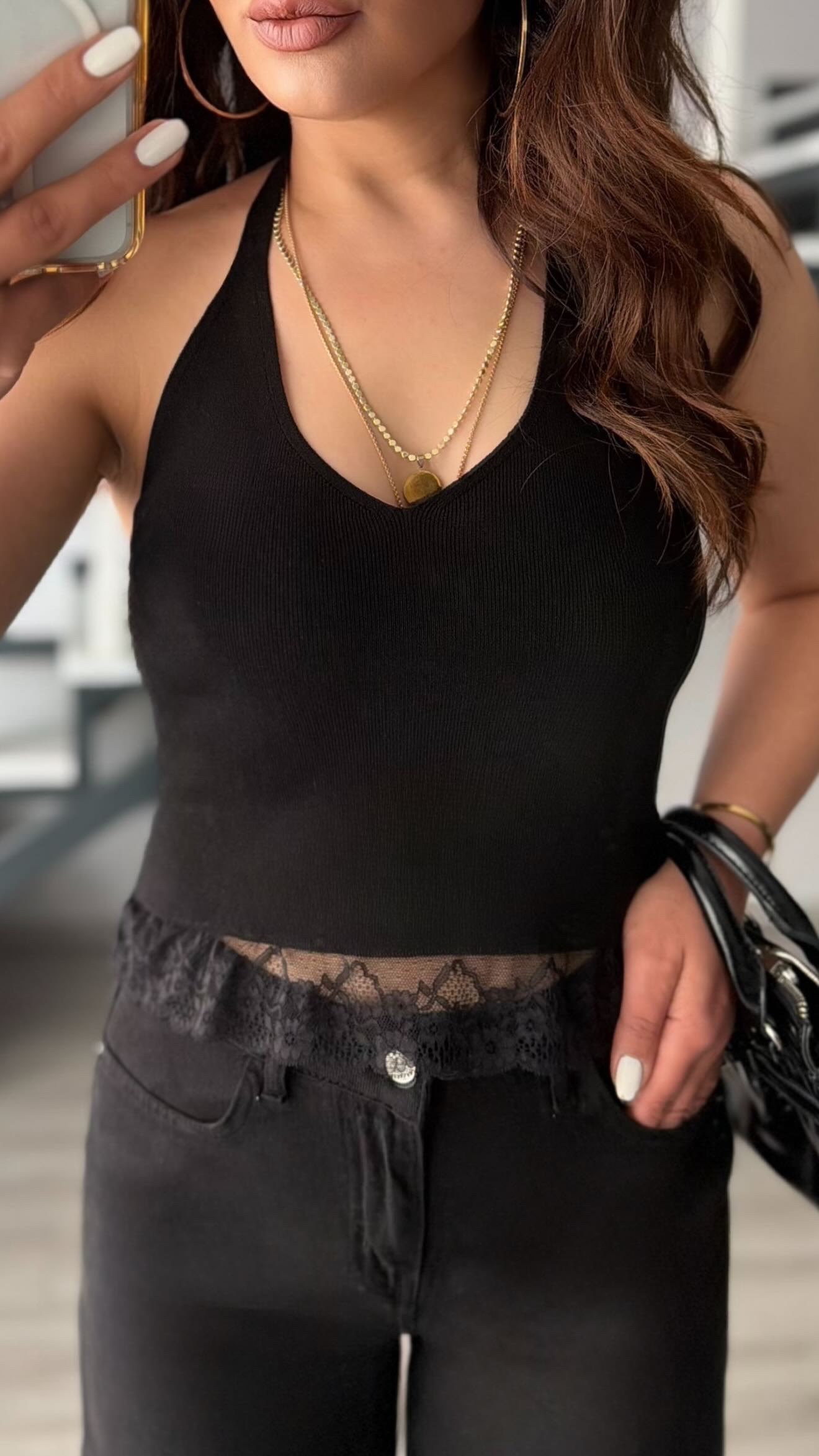 Black Lace V-Neck Halter Knit Blouse