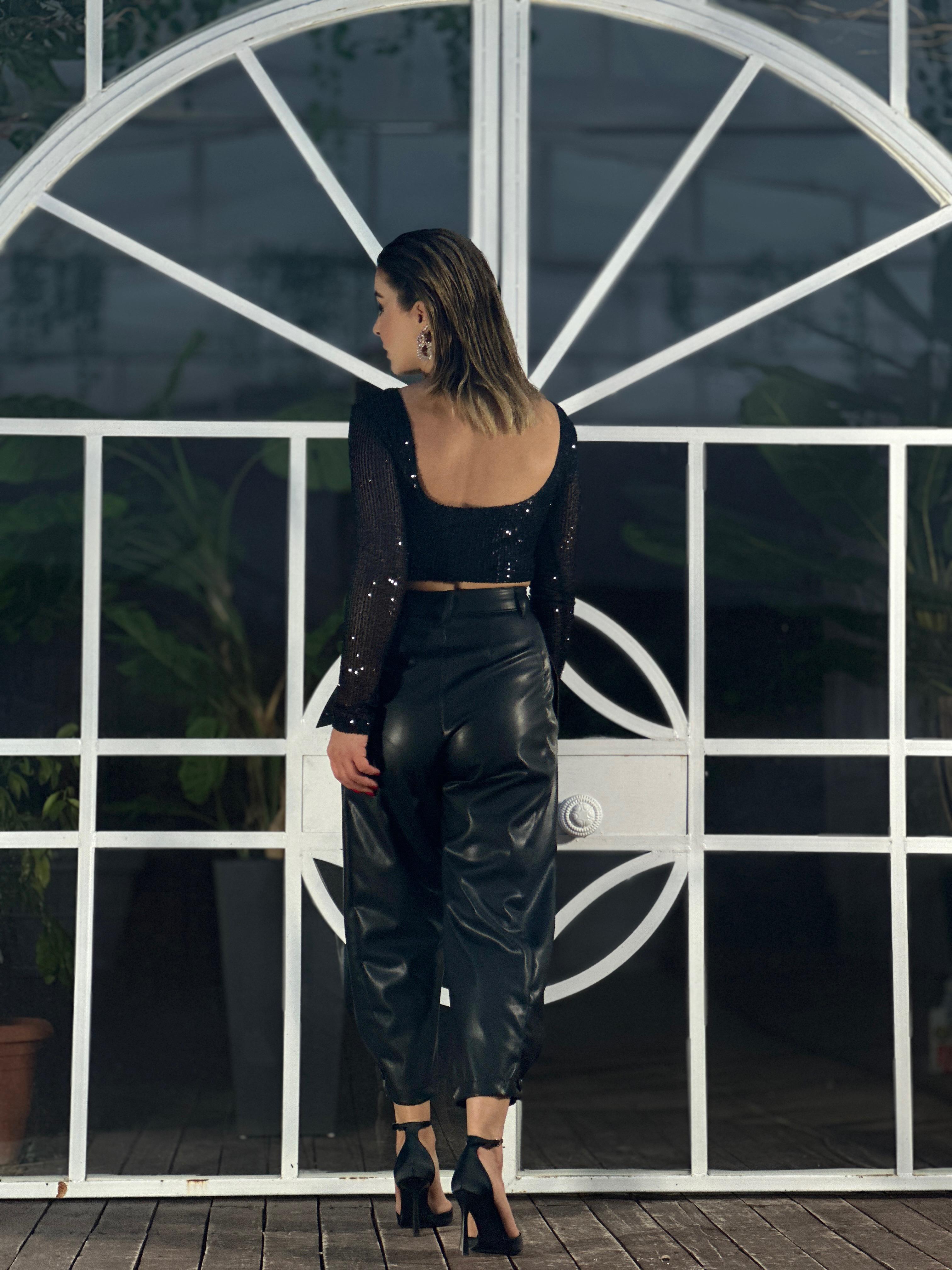 Black Leather Button-Down Slouchy Pants