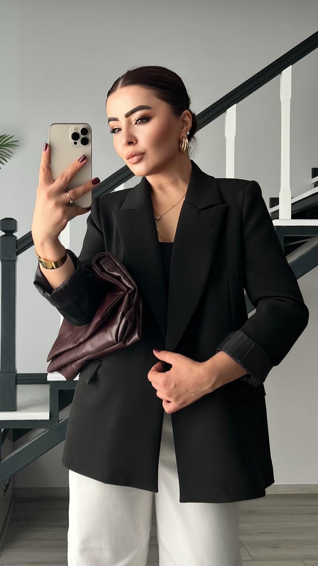 Siyah Duble Crep Astarı Çizgili Blazer Ceket