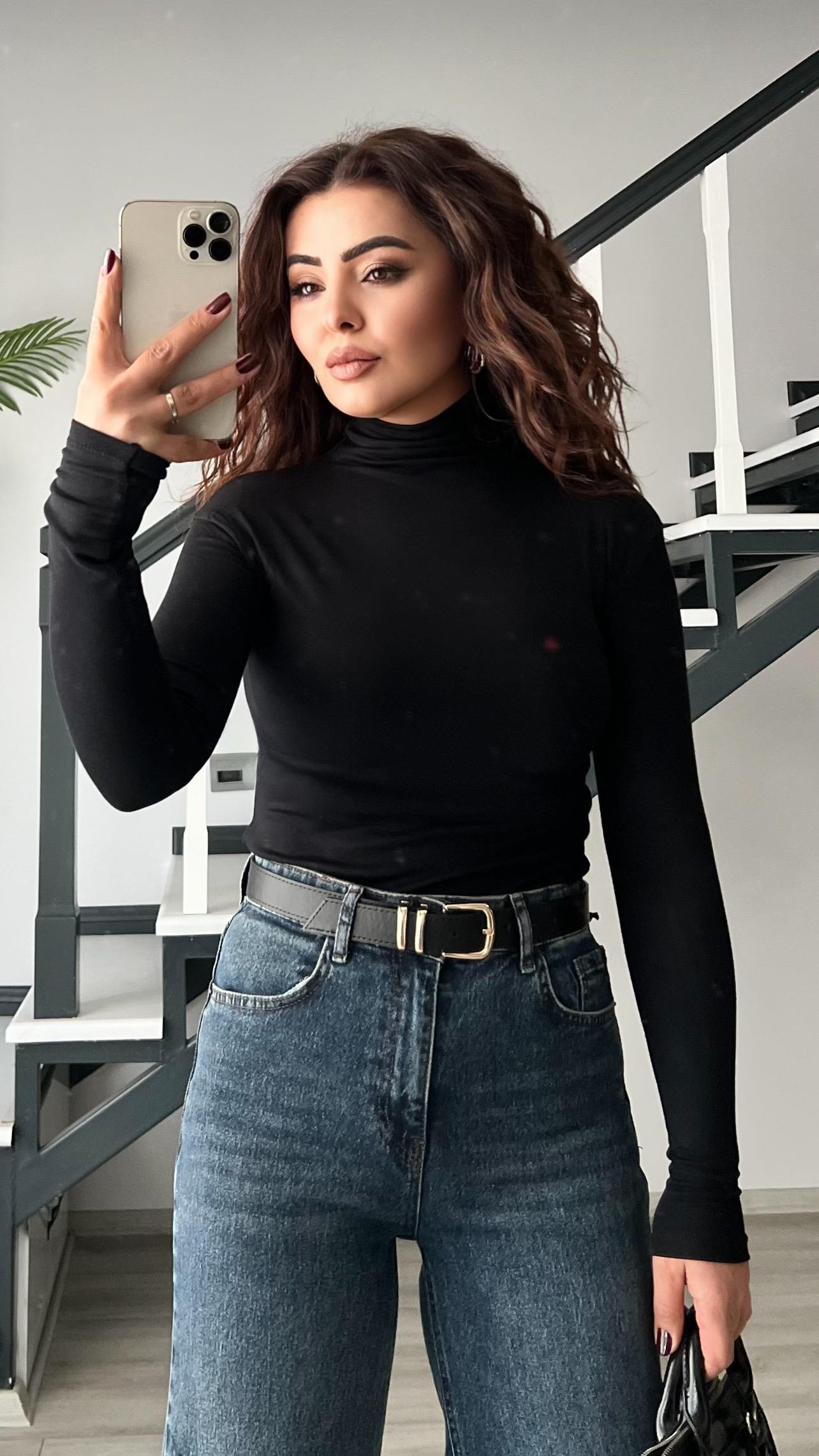 Black Double Modal Turtleneck Blouse