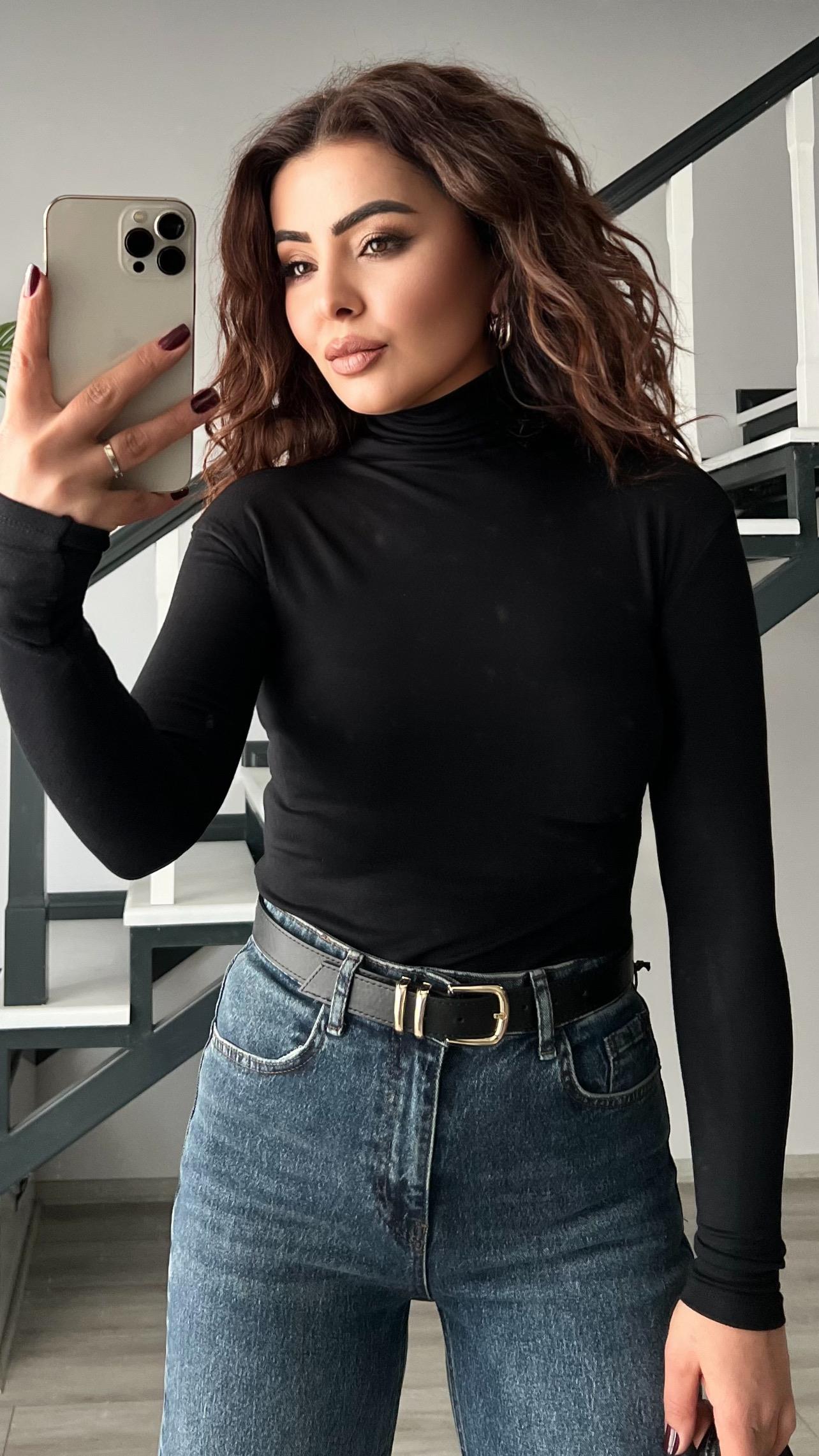 Black Double Modal Turtleneck Blouse