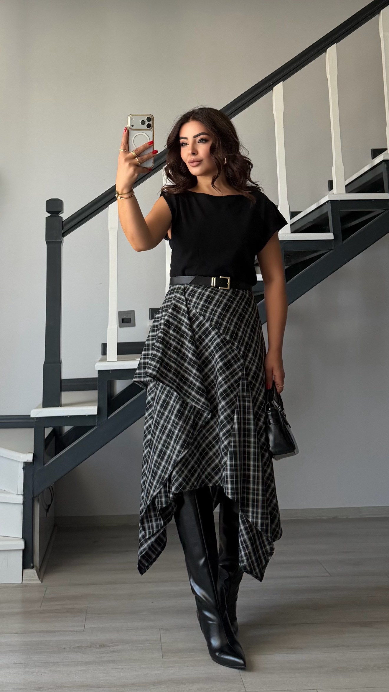 Black Plaid Asymmetric Skirt
