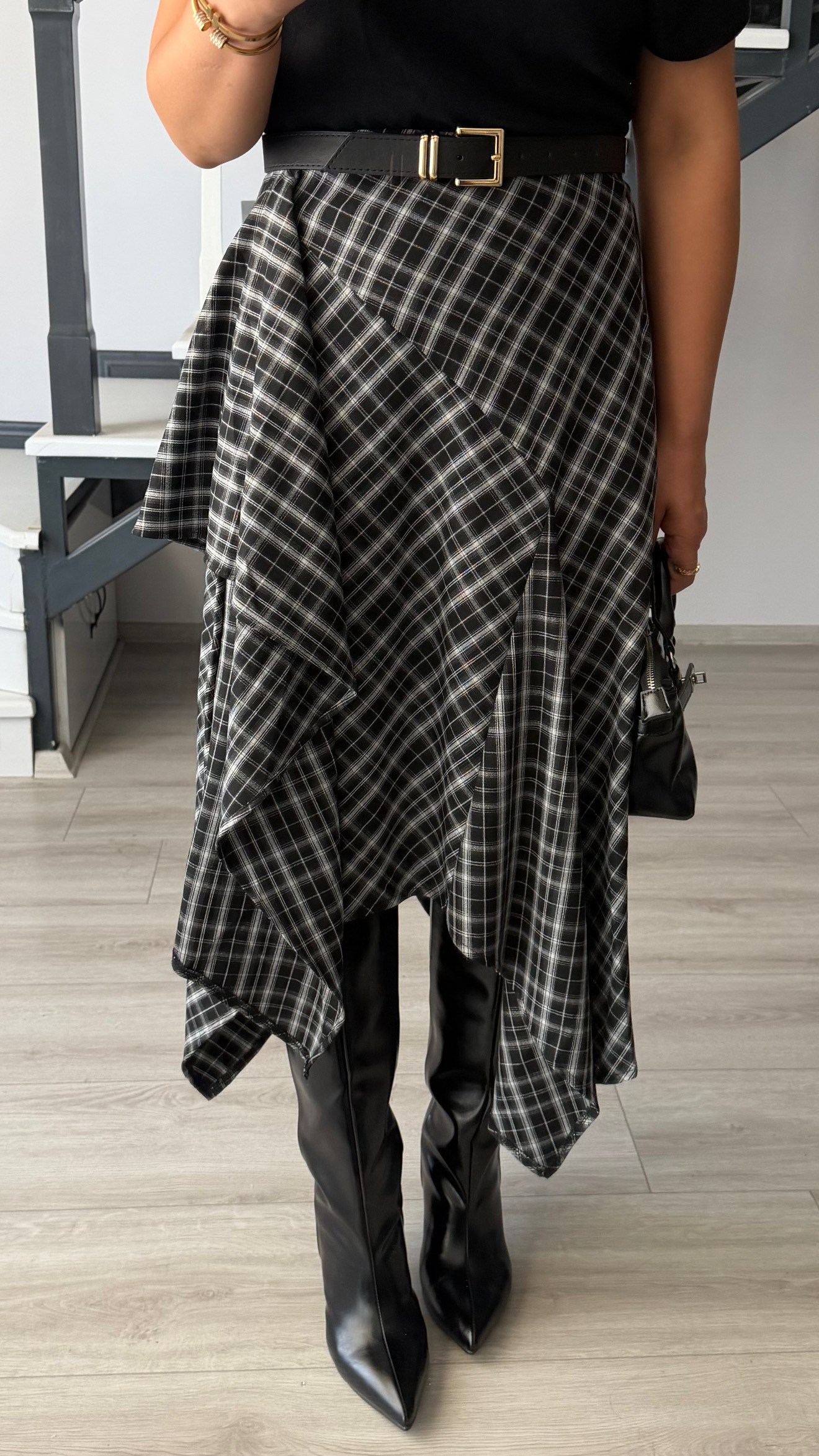 Black Plaid Asymmetric Skirt