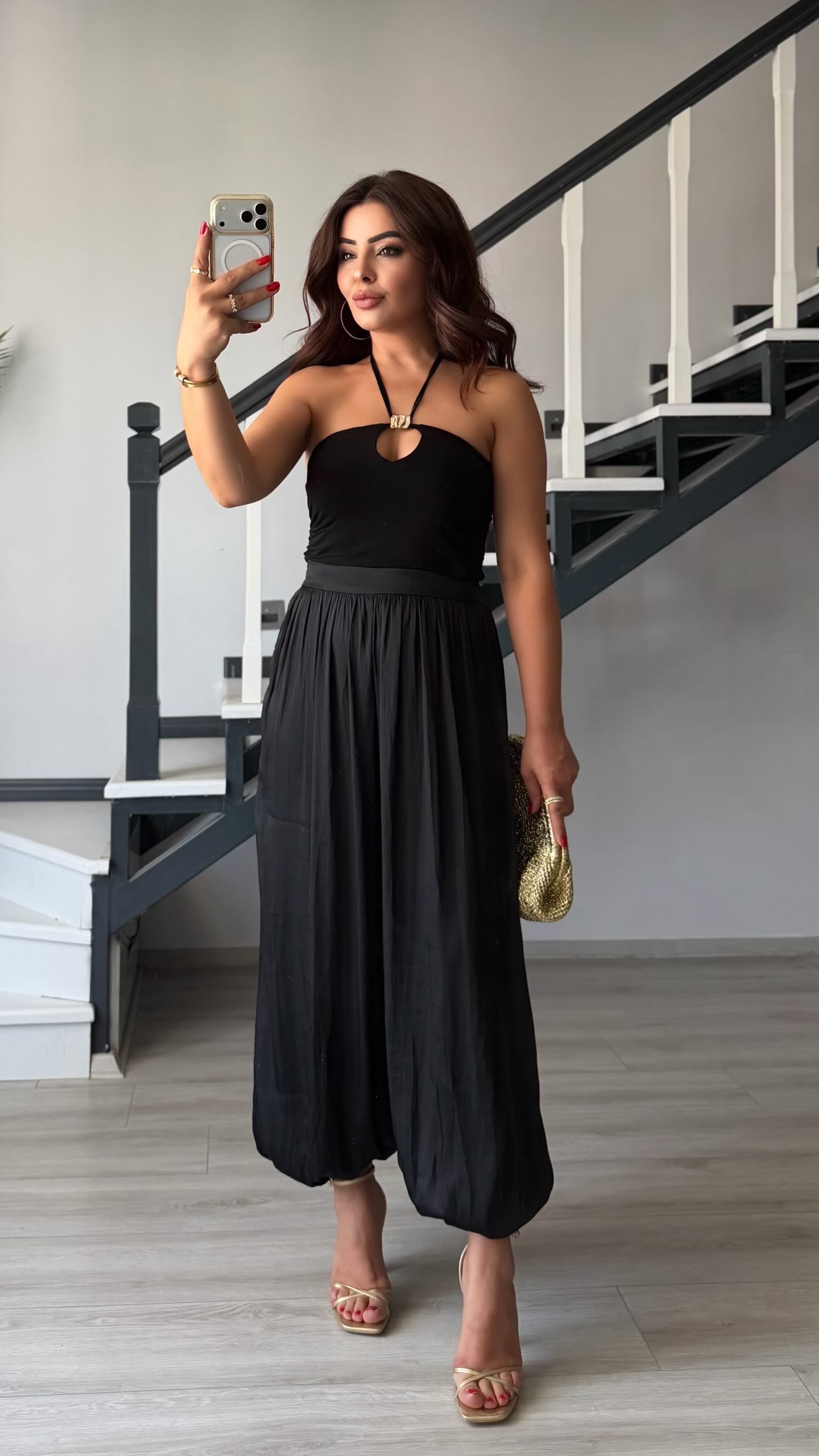 Black Gold Accessory Detail Halter Neck Blouse