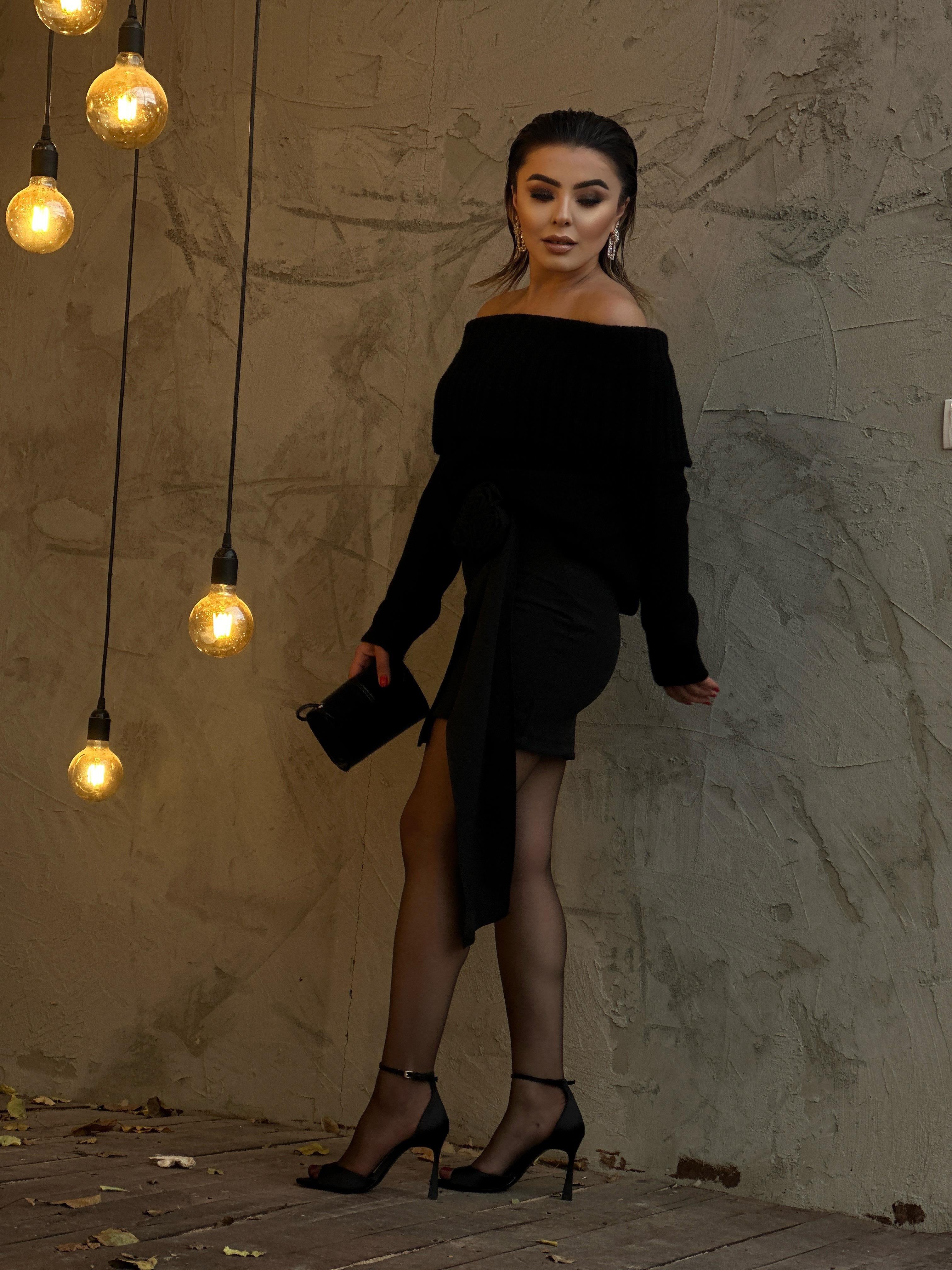 Black Skirt with Rose Brooch and Belt