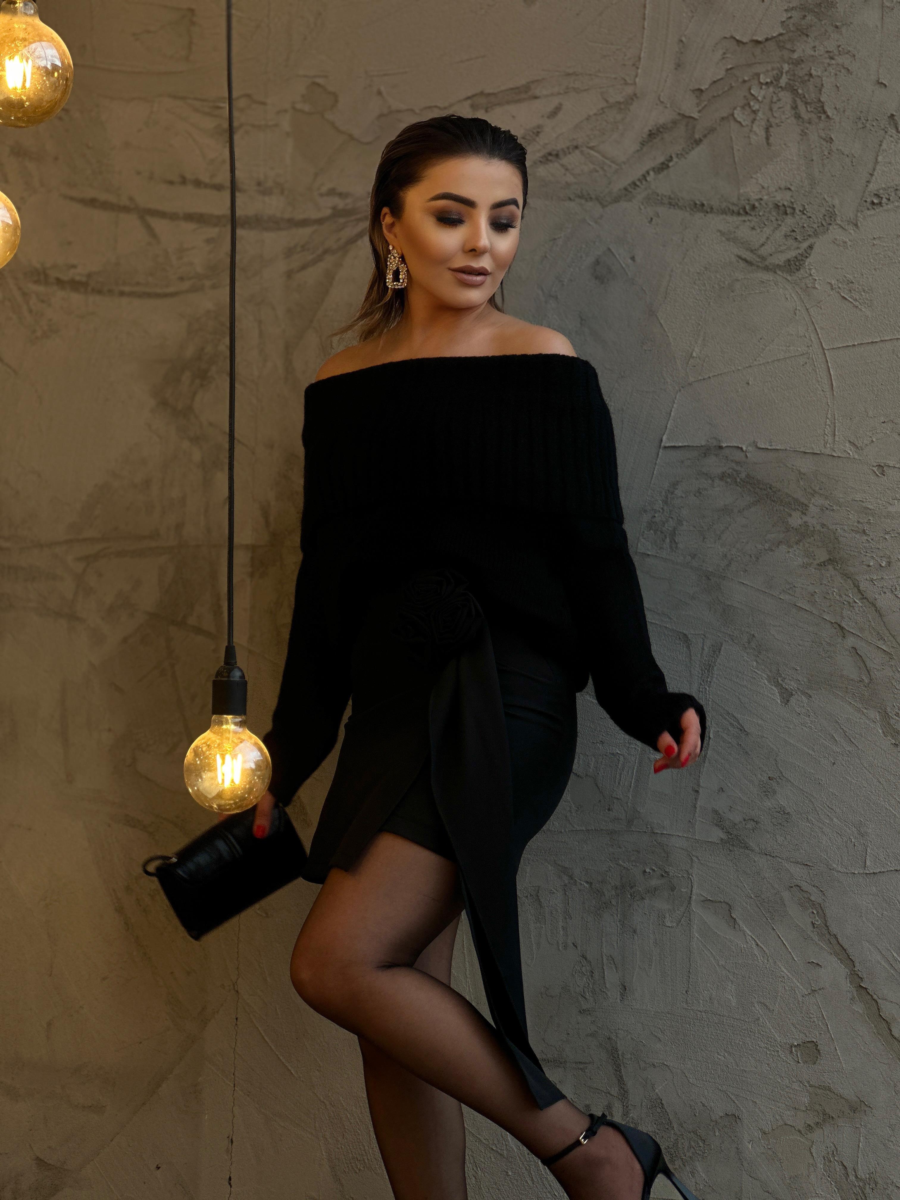 Black Skirt with Rose Brooch and Belt