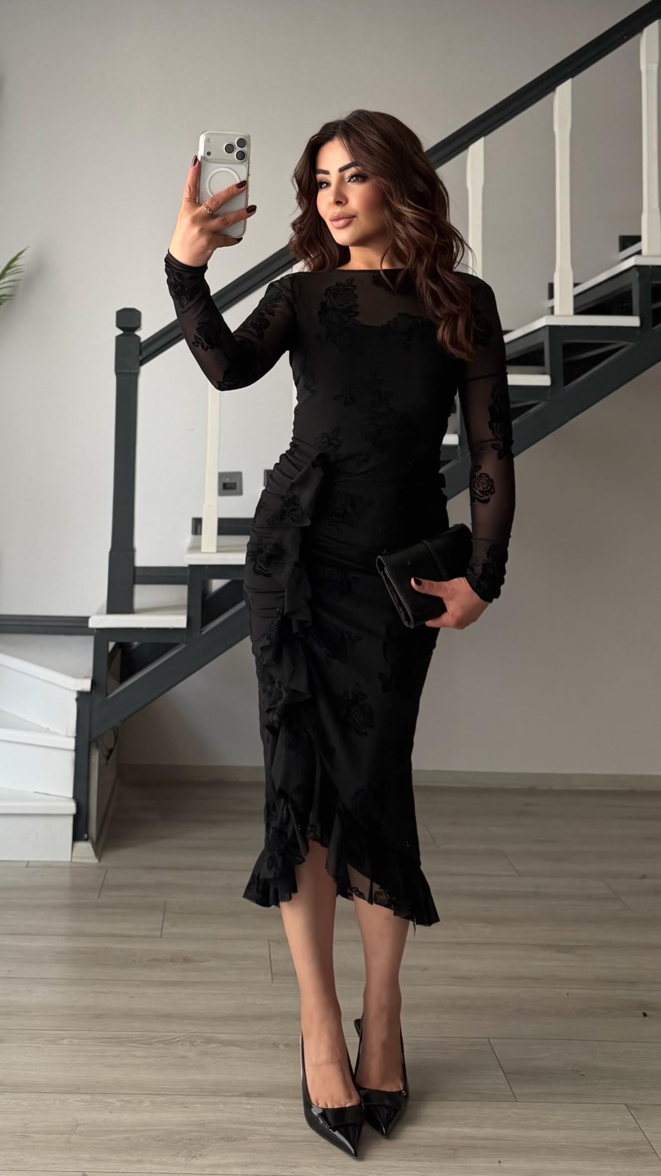 Black Dress with Rose Motif, Lined and Ruffled