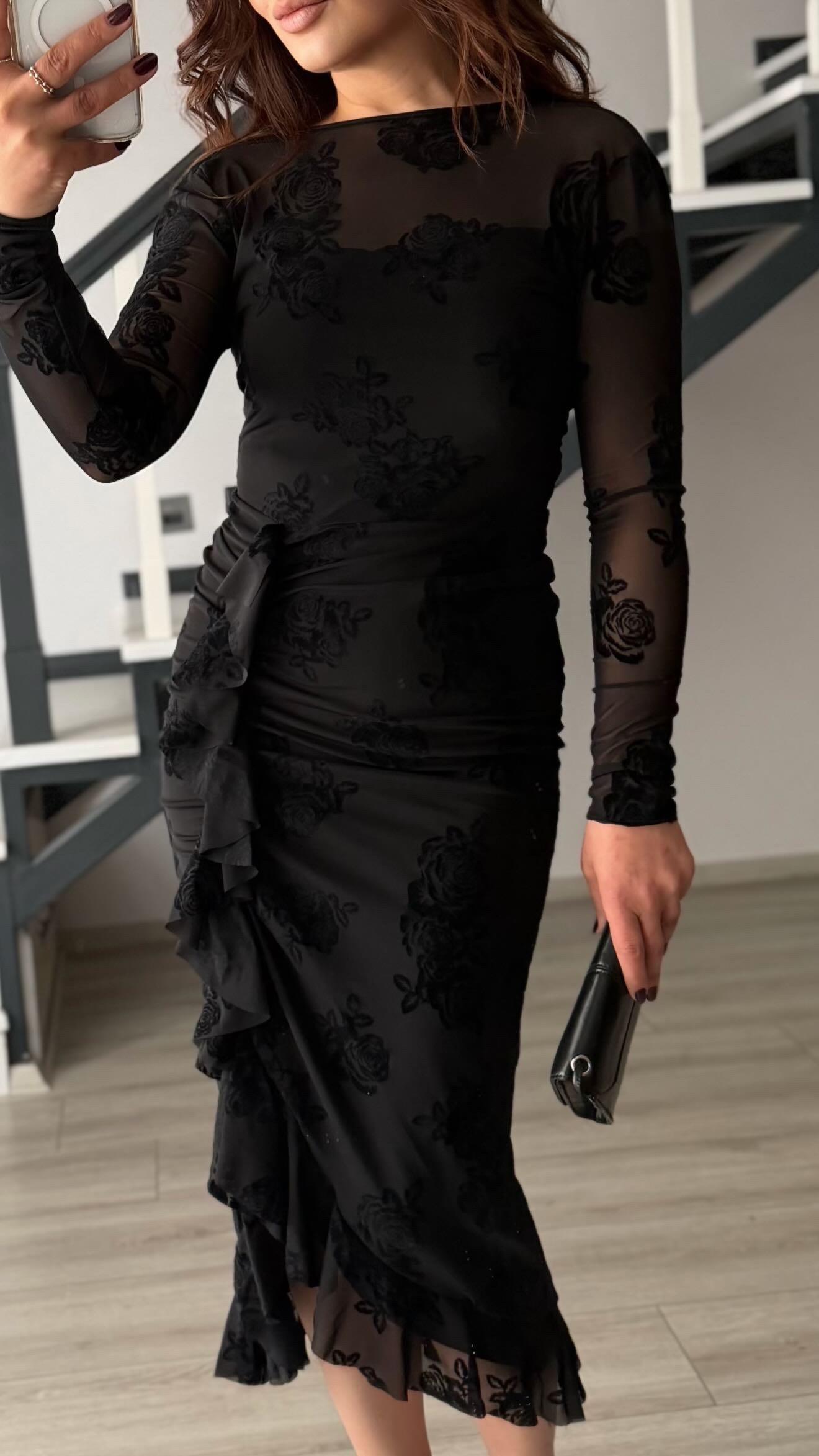 Black Dress with Rose Motif, Lined and Ruffled