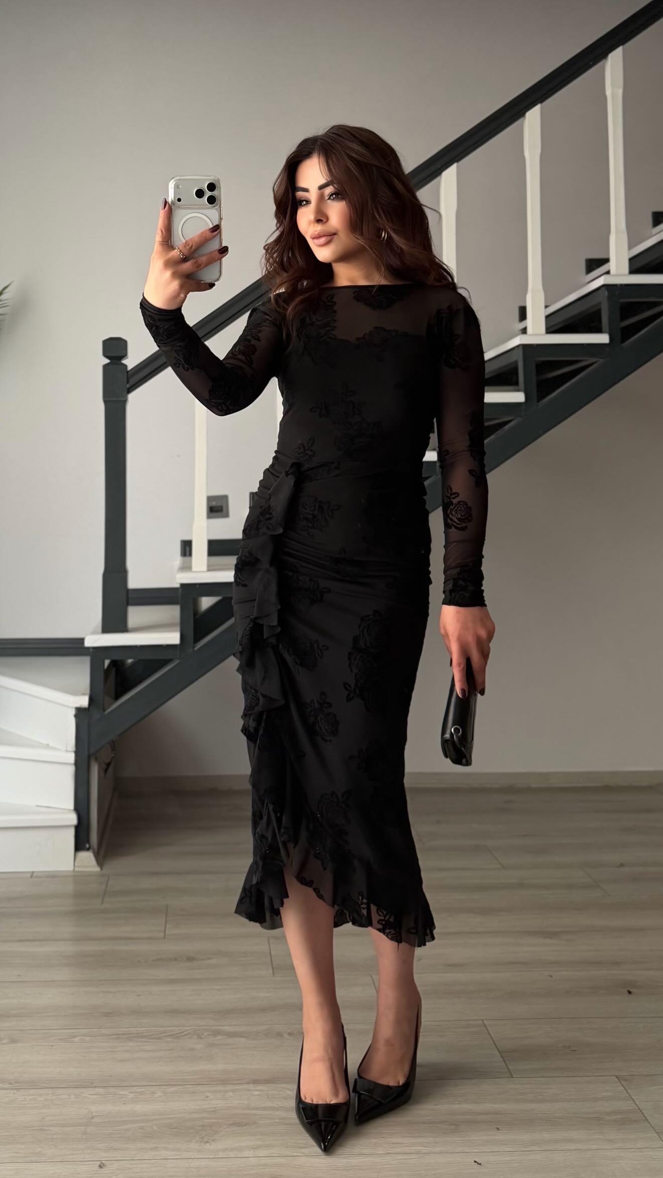 Black Dress with Rose Motif, Lined and Ruffled