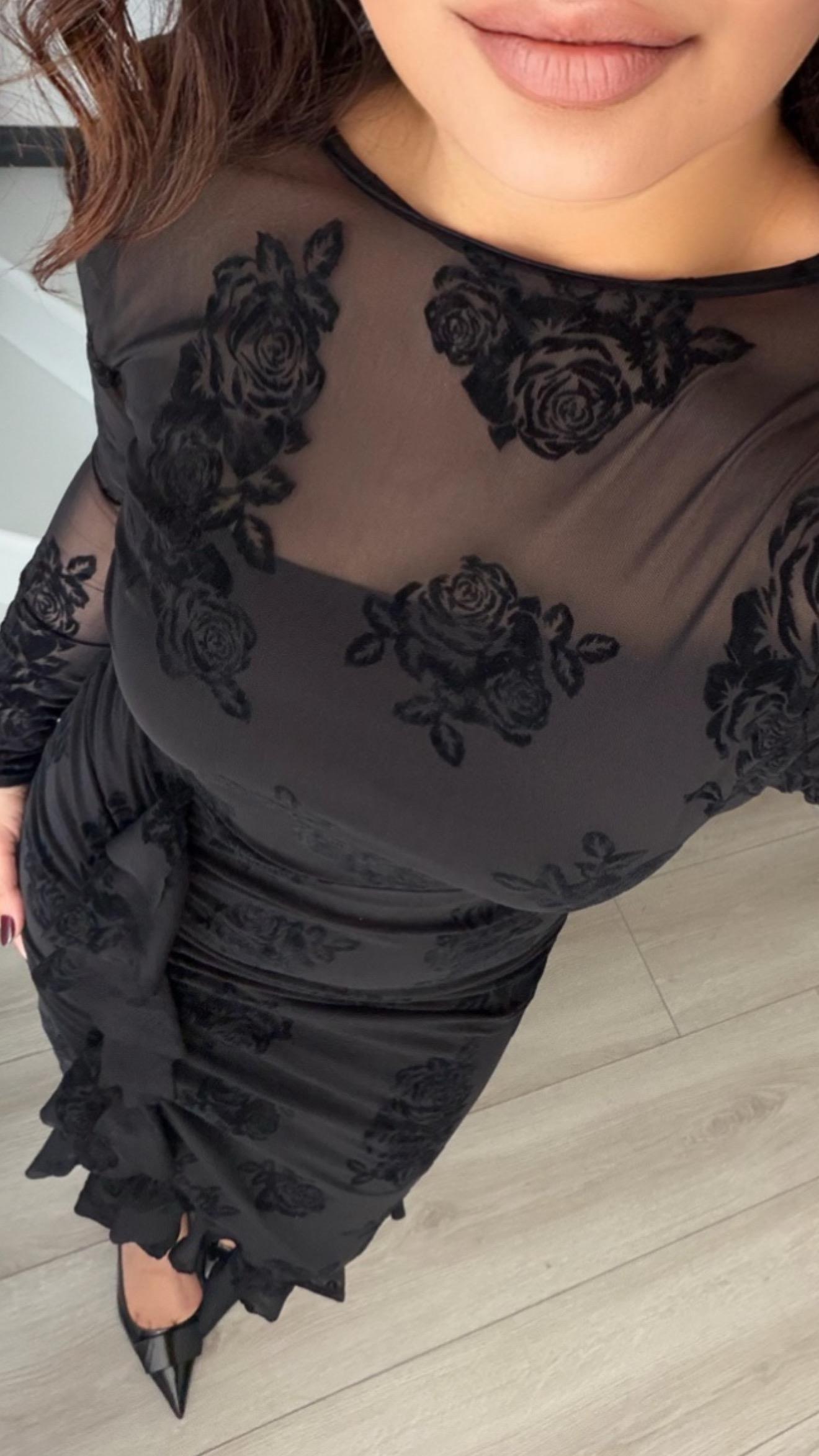 Black Dress with Rose Motif, Lined and Ruffled