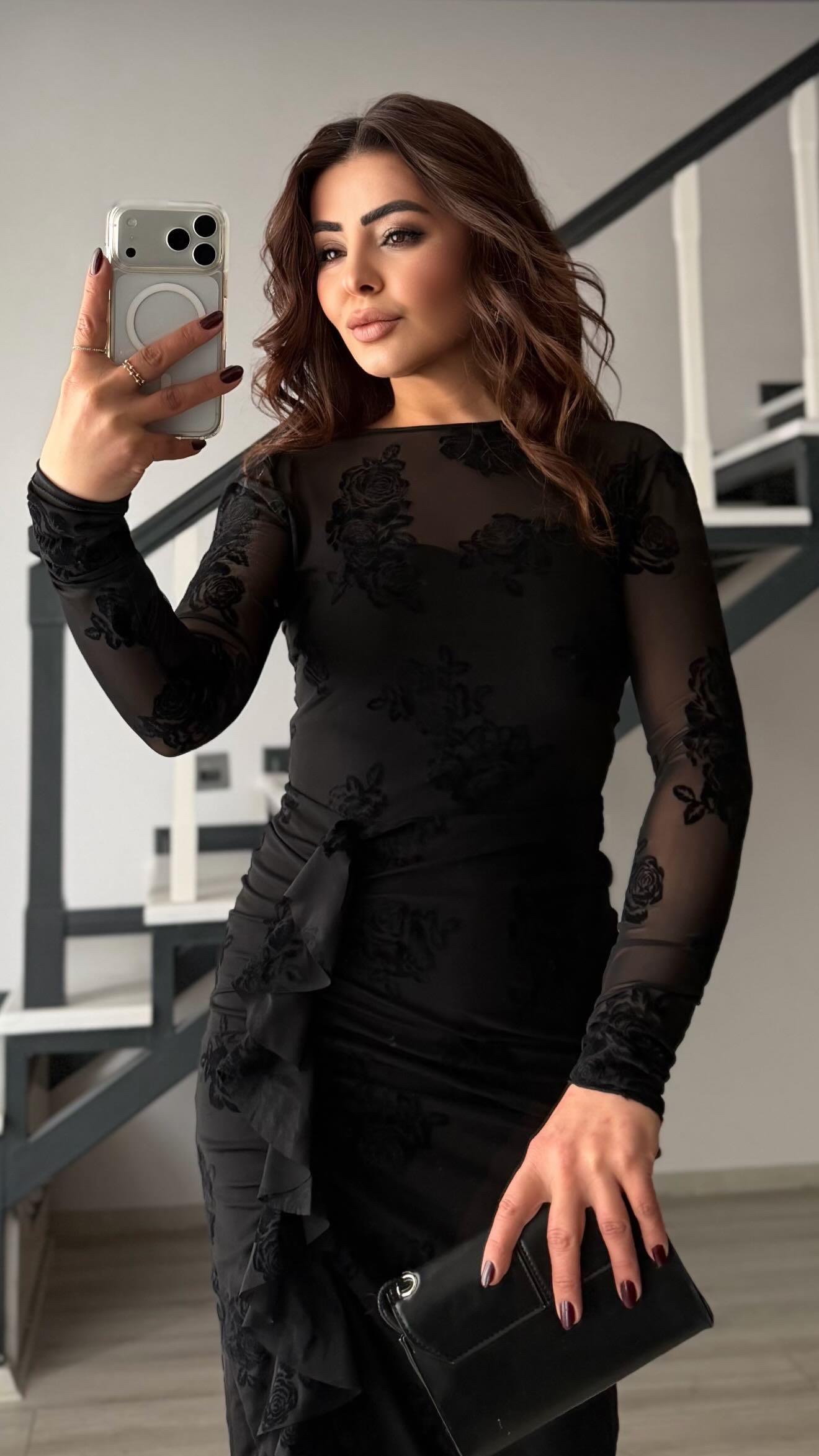 Black Dress with Rose Motif, Lined and Ruffled