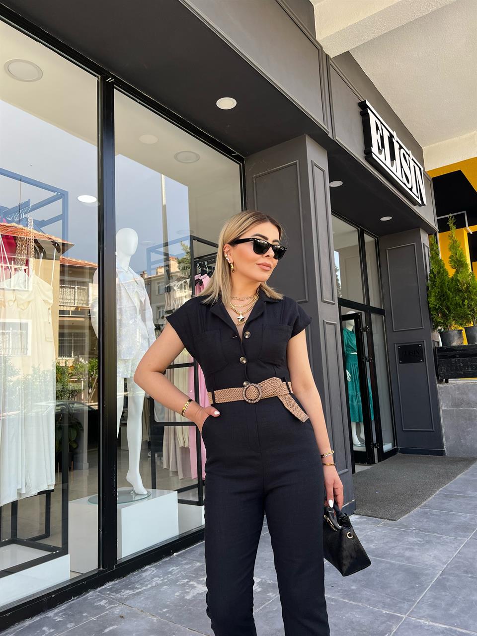 Black Linen Jumpsuit with Woven Belt