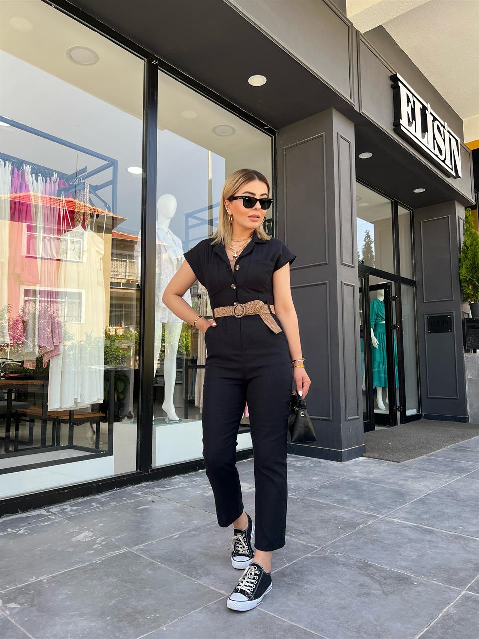 Black Linen Jumpsuit with Woven Belt