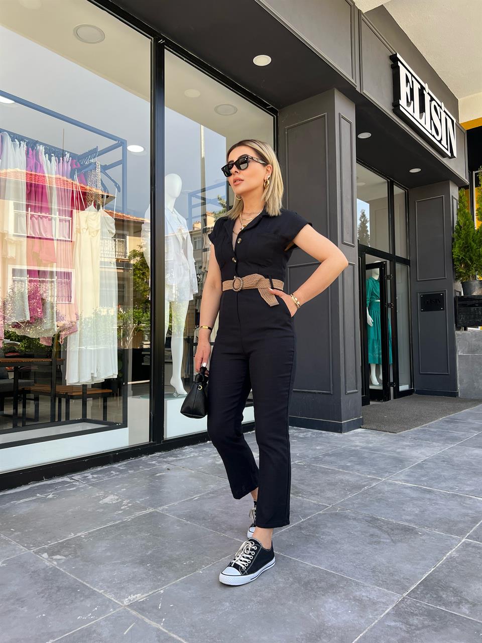 Black Linen Jumpsuit with Woven Belt