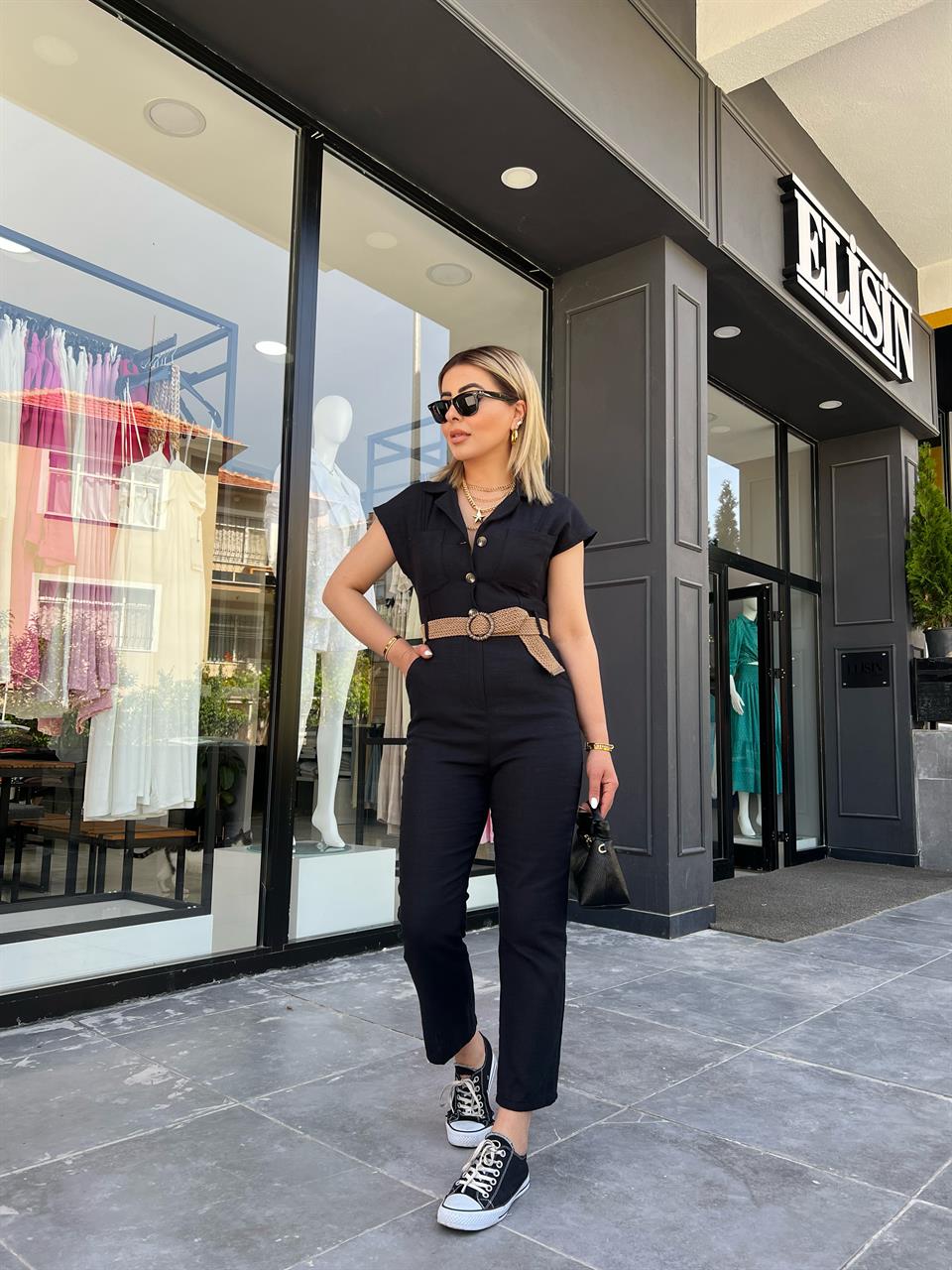 Black Linen Jumpsuit with Woven Belt