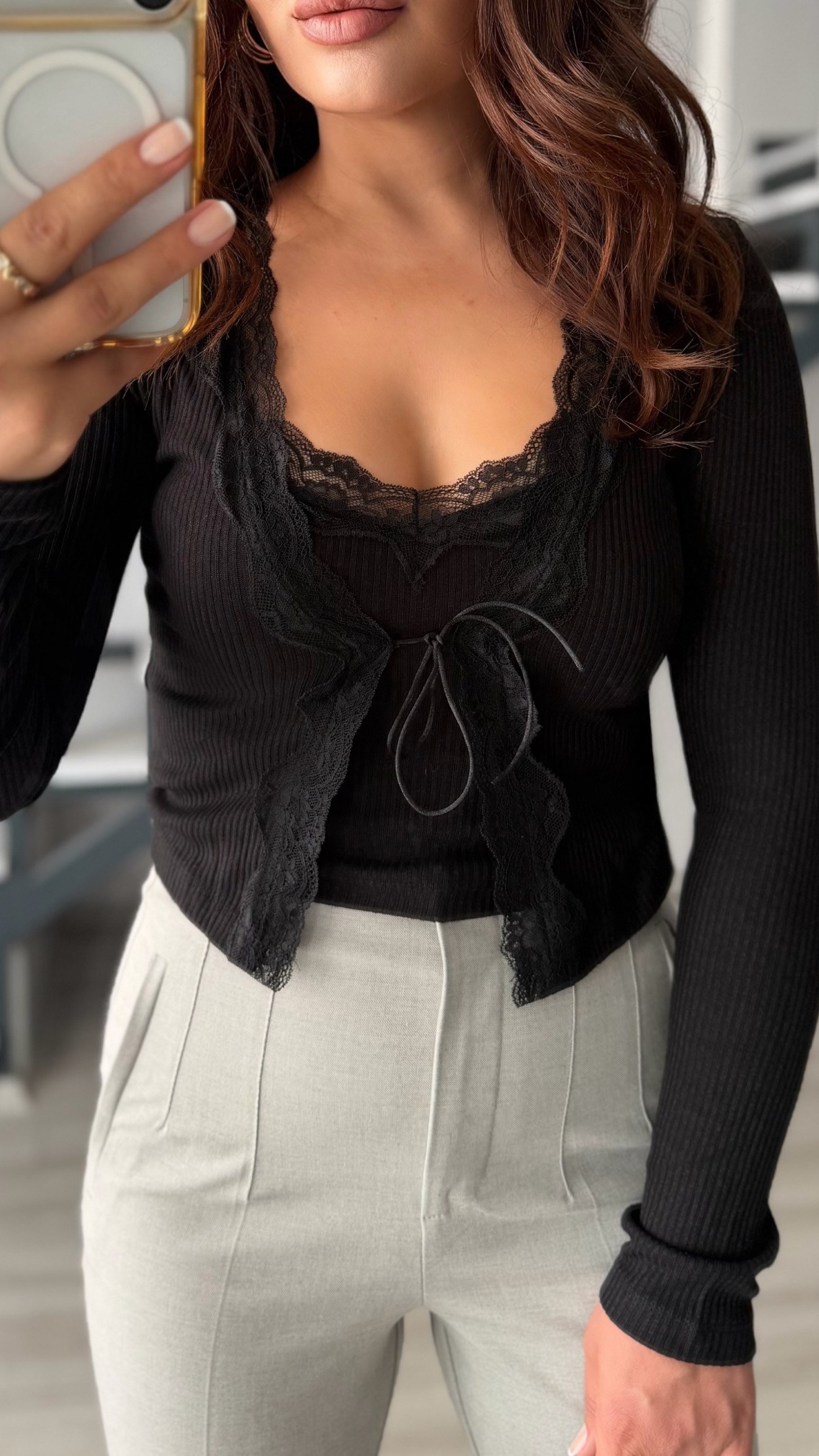 Black Cardigan-Look Knitwear Blouse