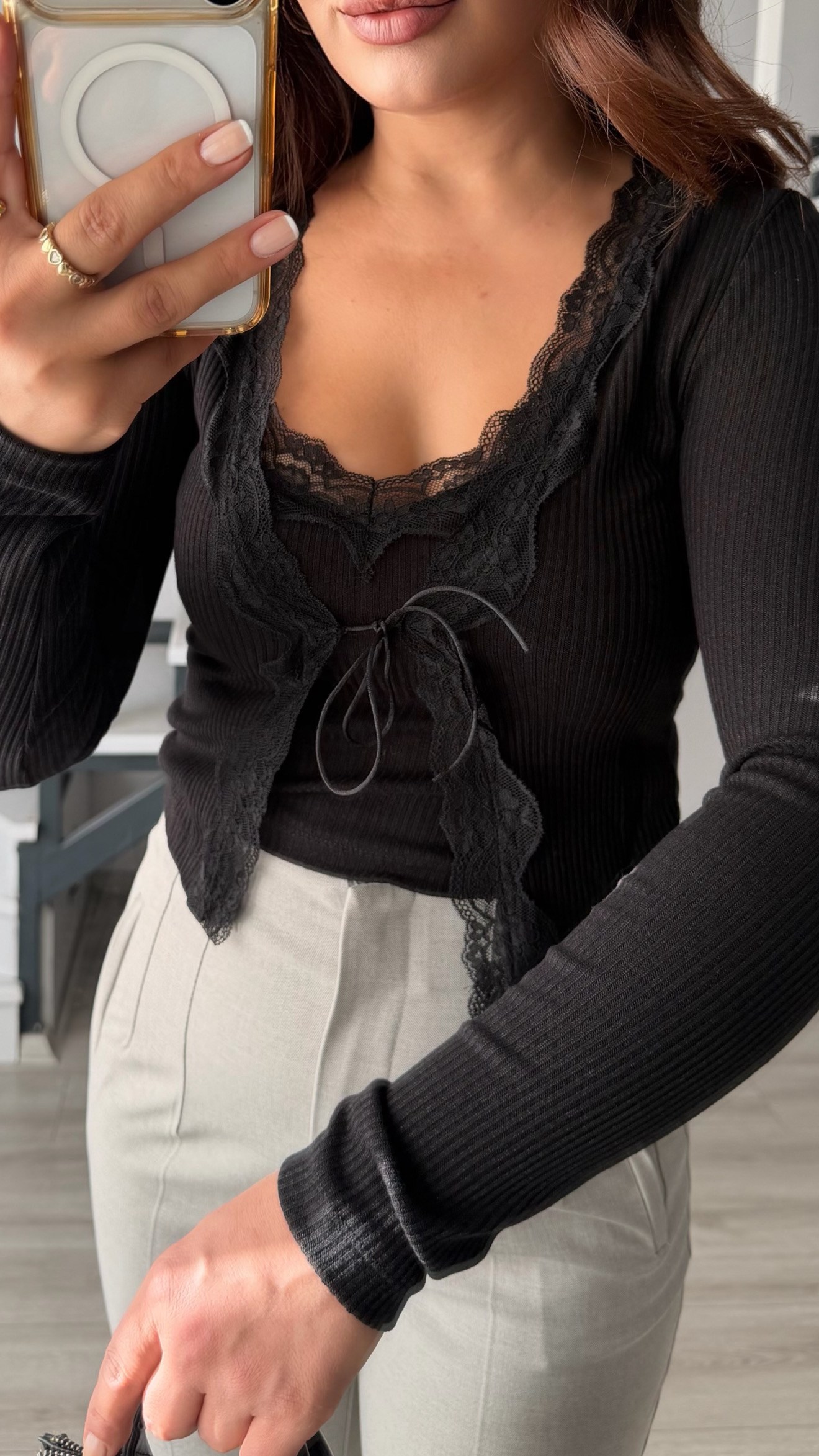 Black Cardigan-Look Knitwear Blouse