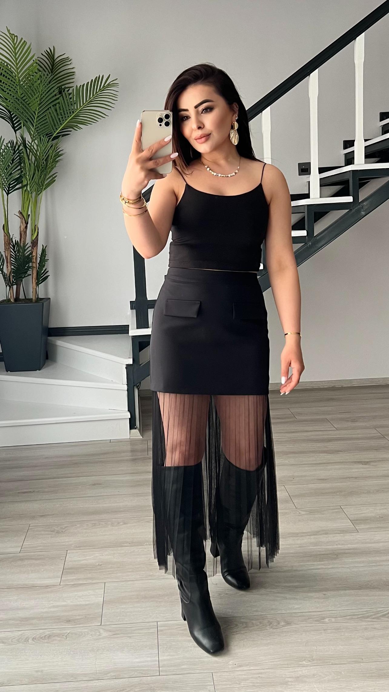 Black Tulle Skirt with Flap Pockets