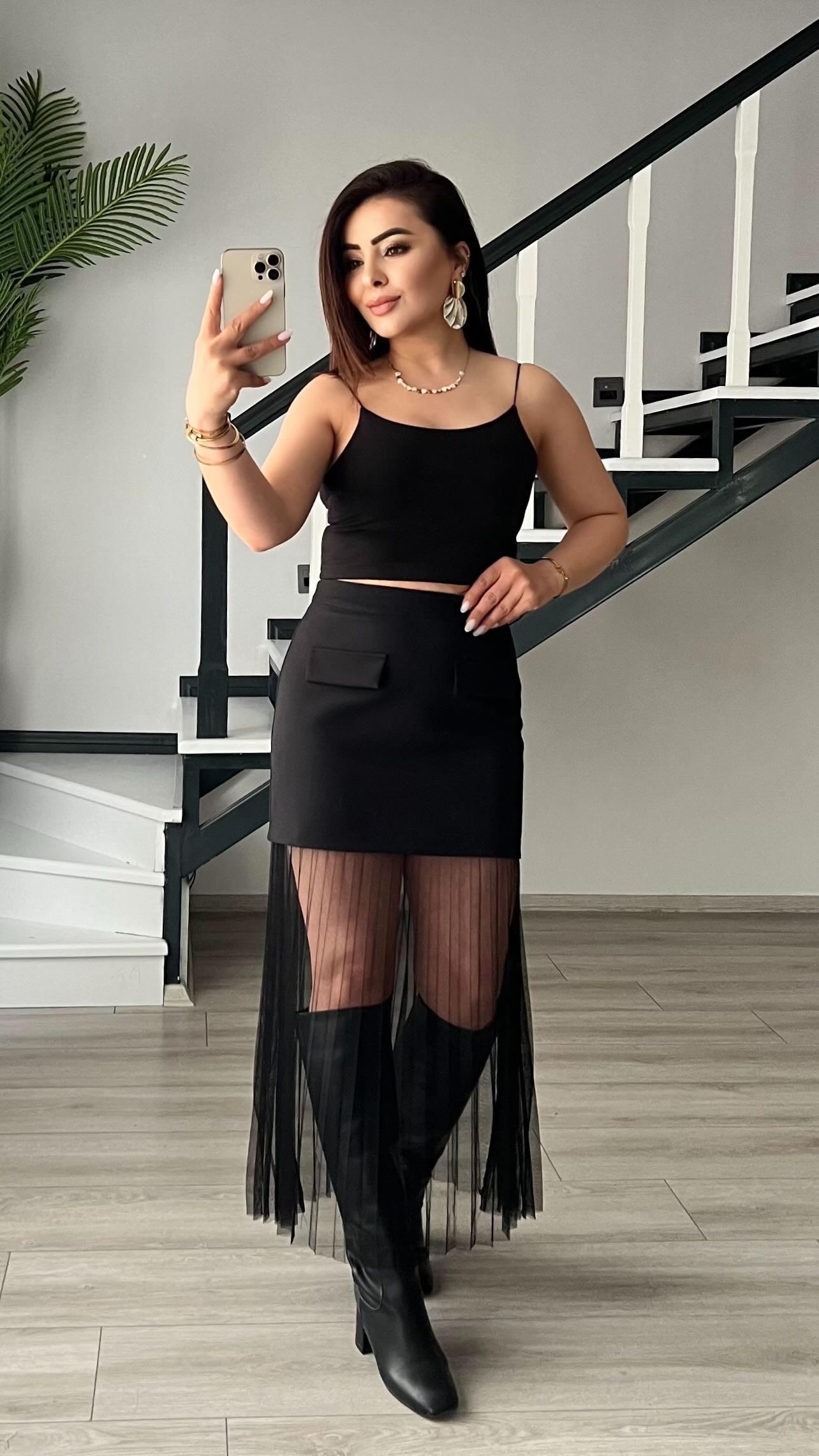 Black Tulle Skirt with Flap Pockets