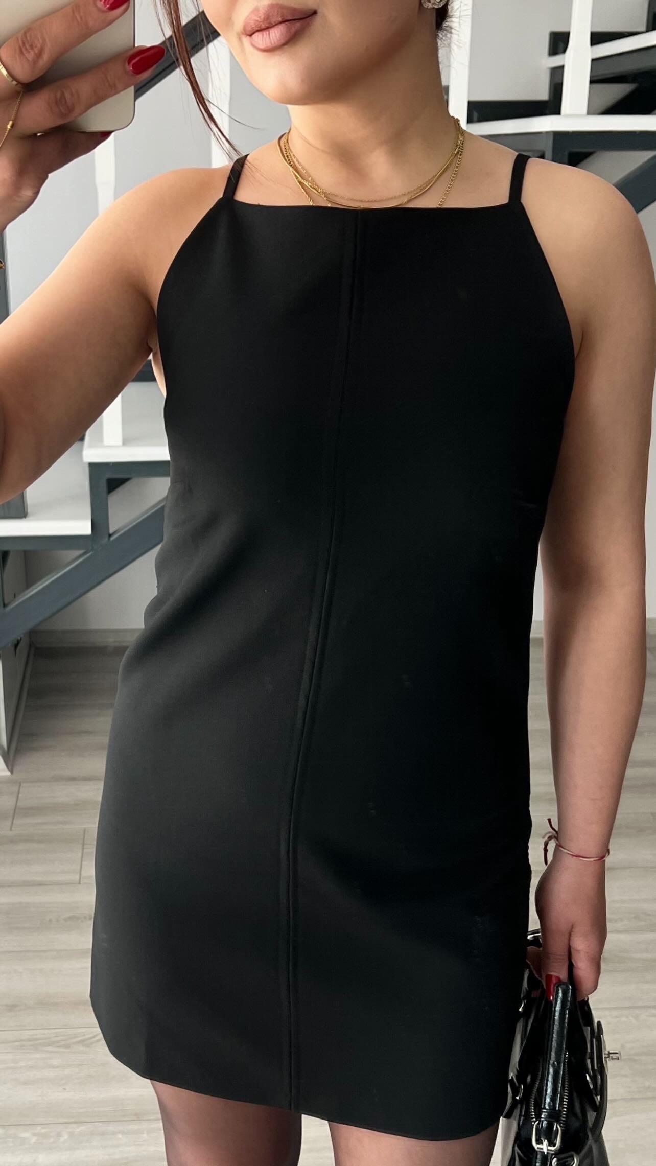 Siyah Kare Yaka Askılı Mini Elbise 