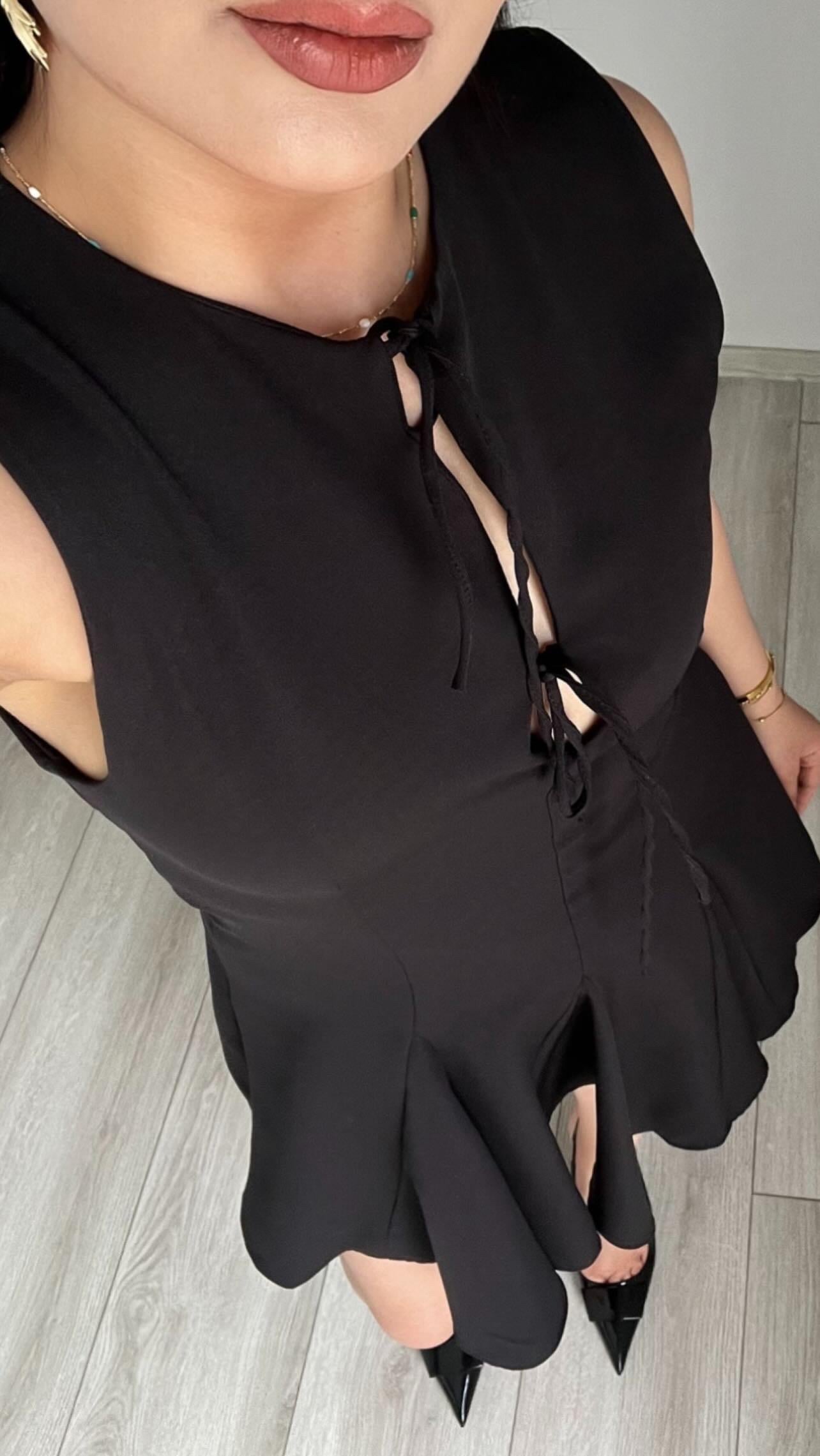 Black Flared Skirt Short Dress with Bow