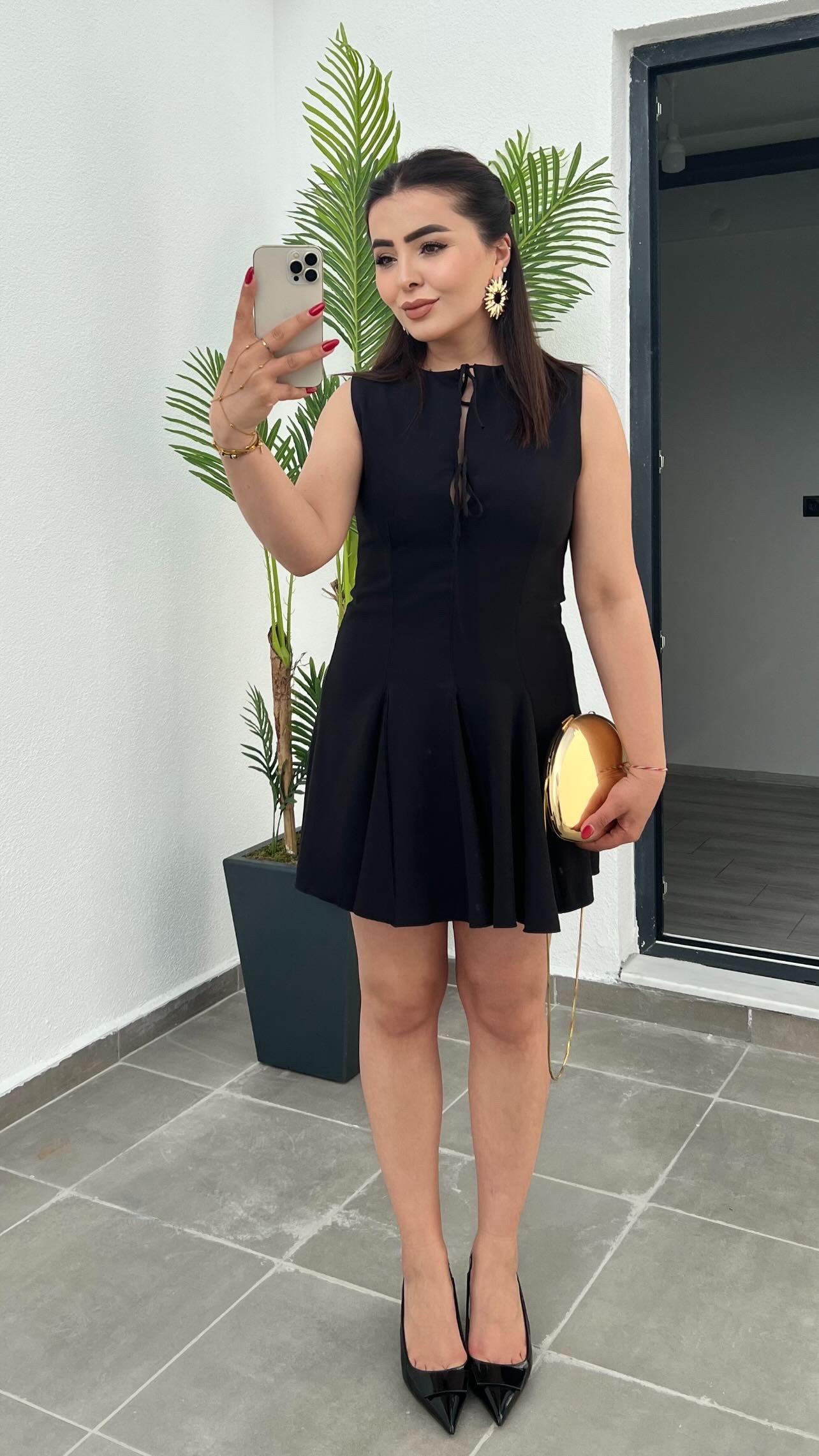 Black Flared Skirt Short Dress with Bow