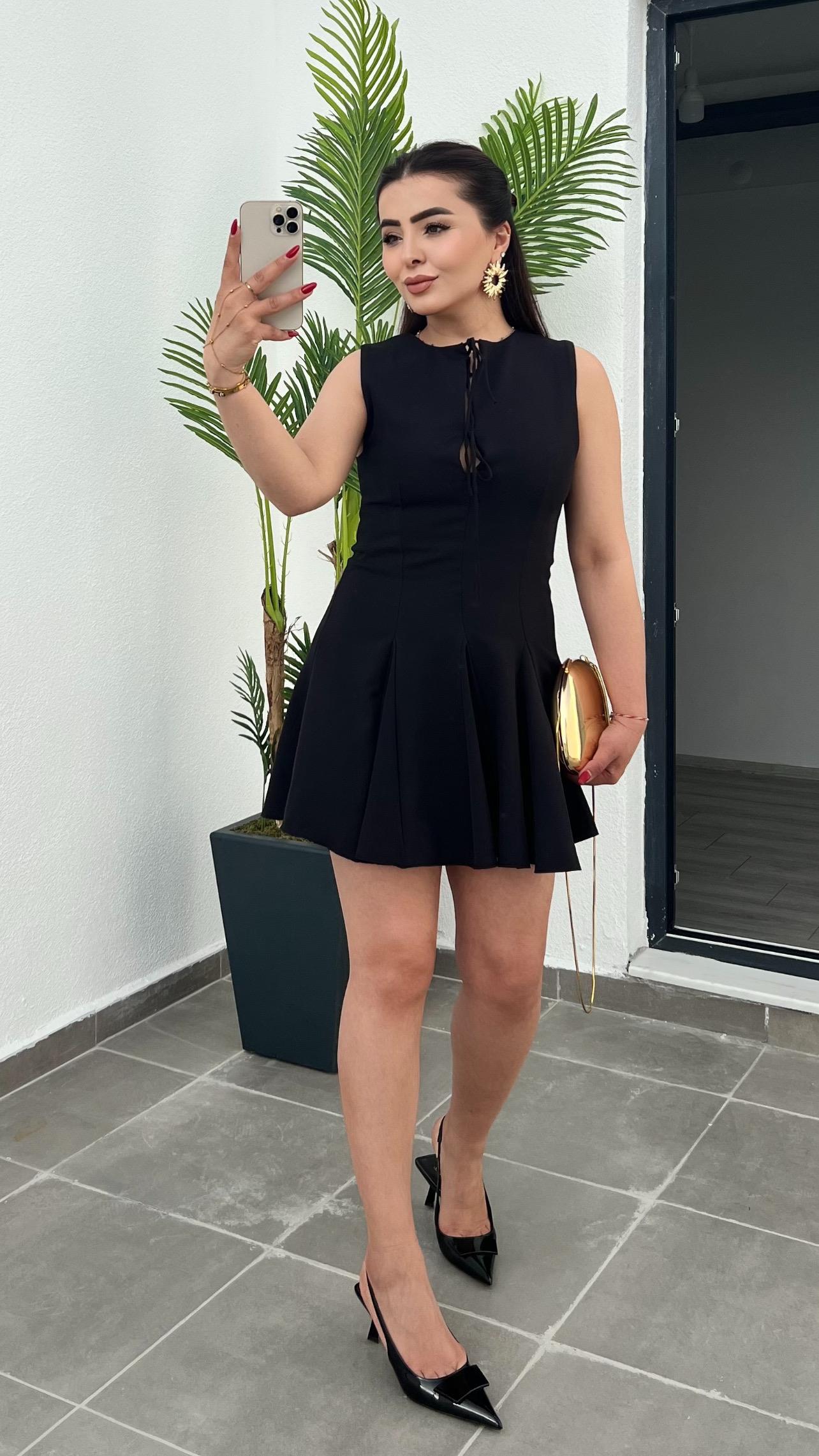 Black Flared Skirt Short Dress with Bow