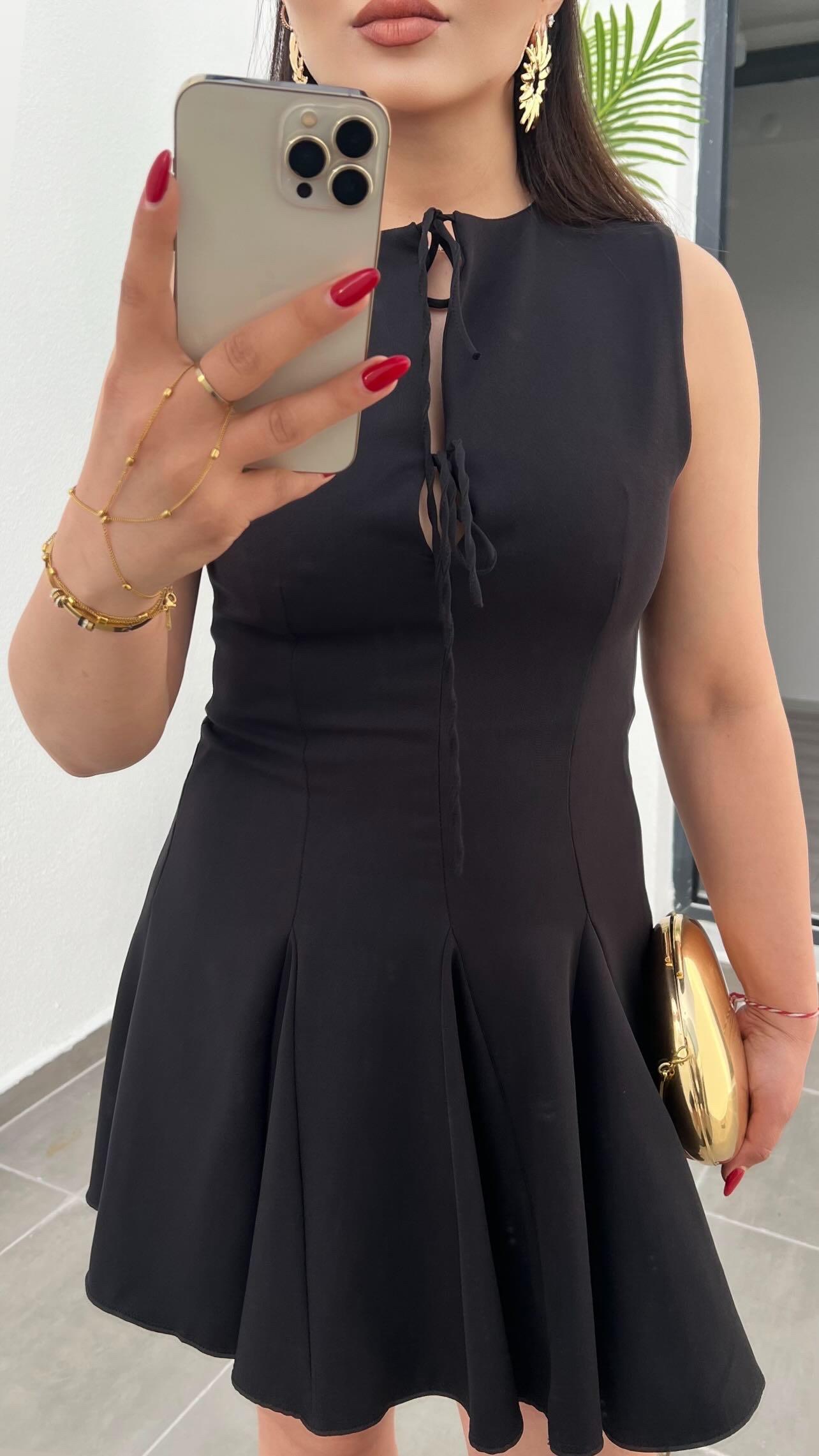 Black Flared Skirt Short Dress with Bow