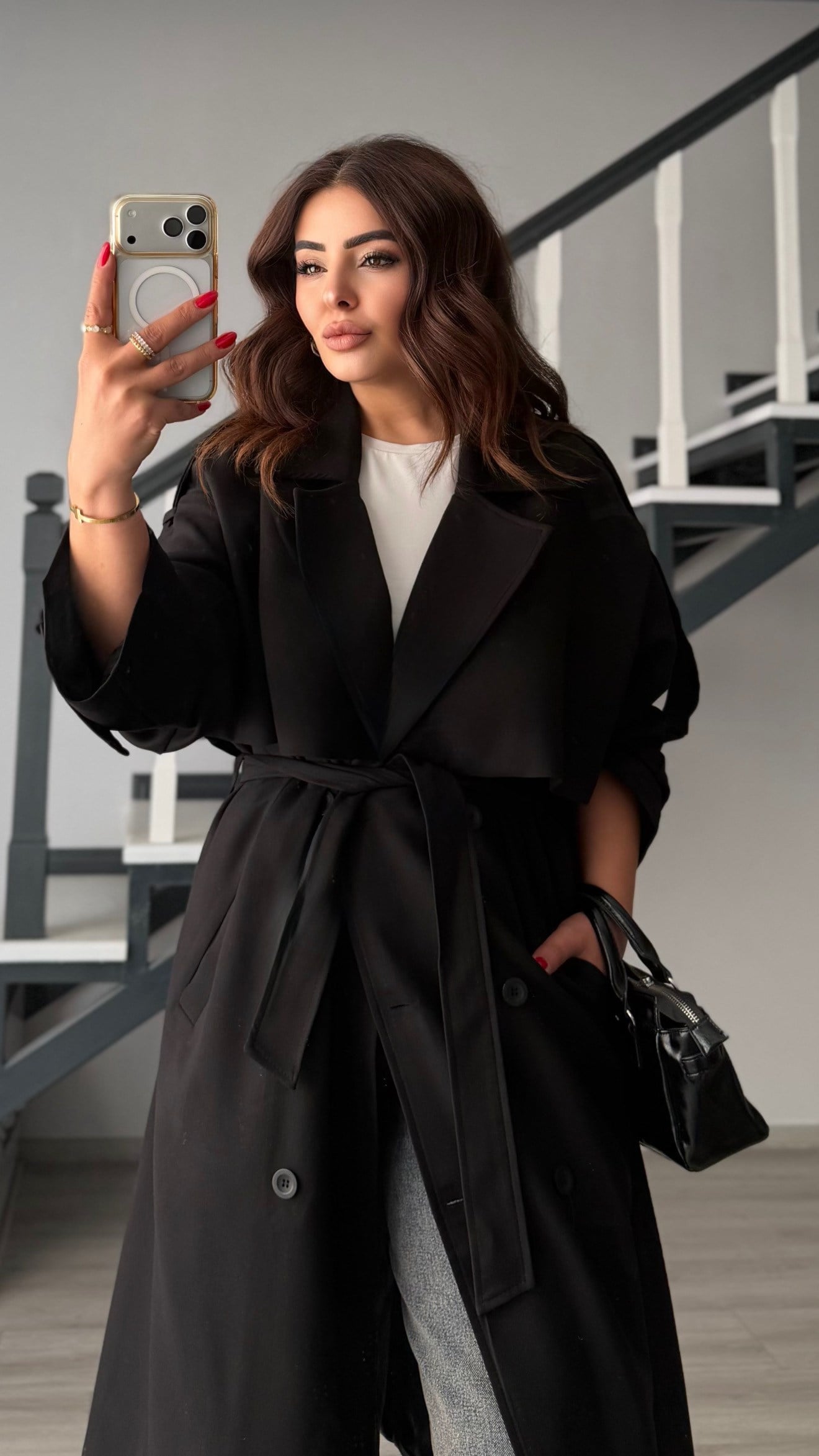 Siyah Kuşaklı Oversize Premium trençkot