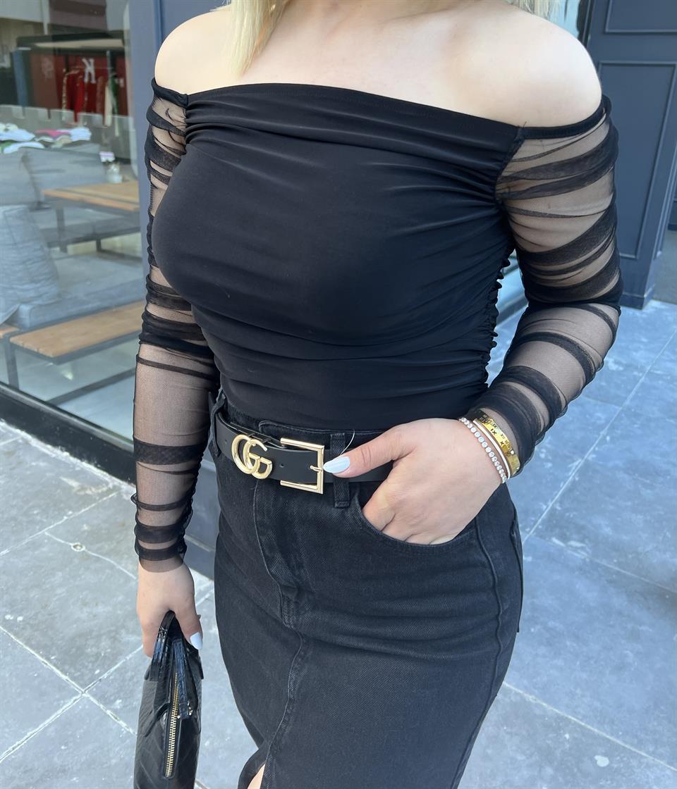 Siyah Madonna Yaka Kolları Tül Bluz