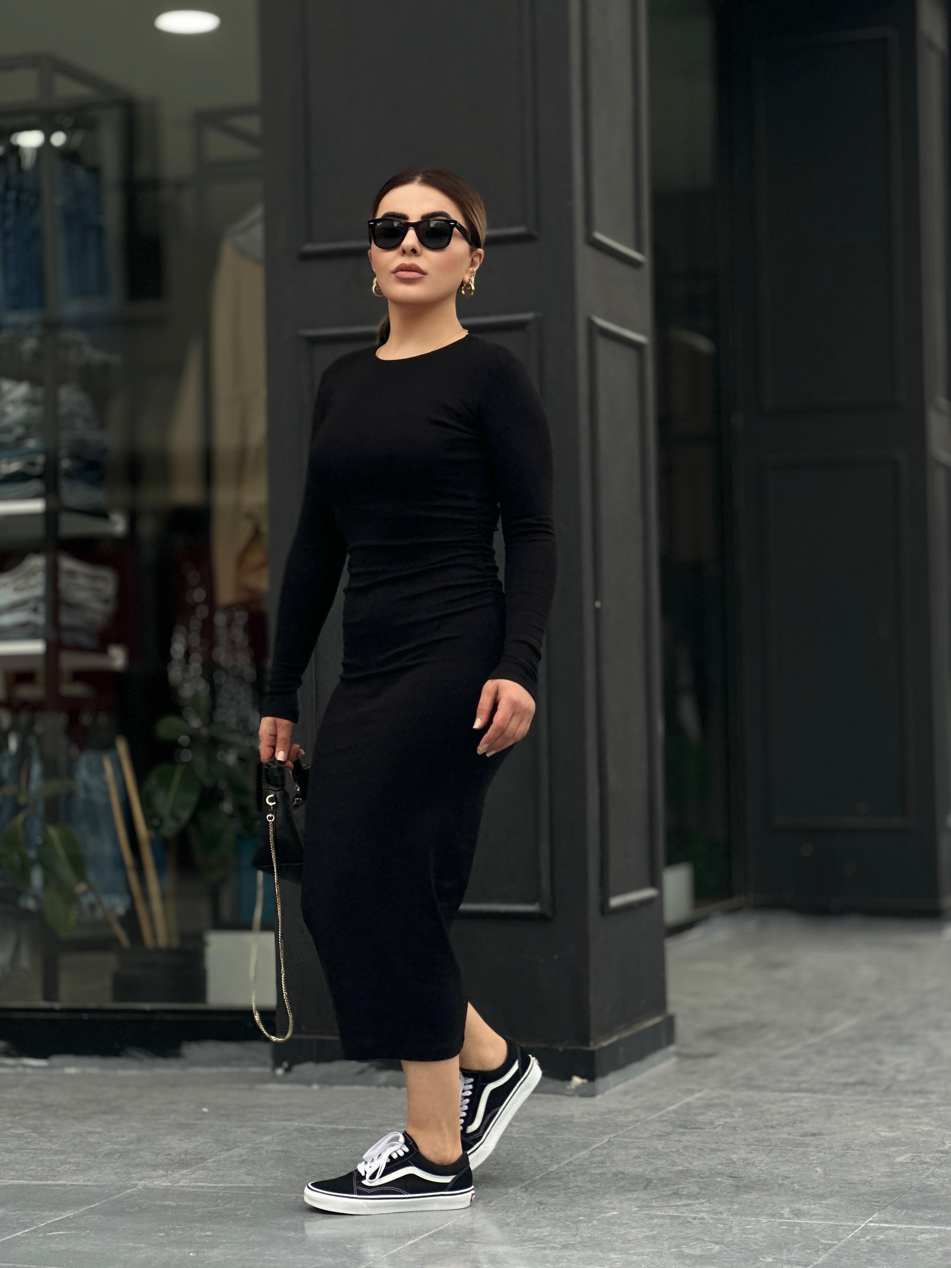 Black Maxi Length Basic Dress with Gipe Detail