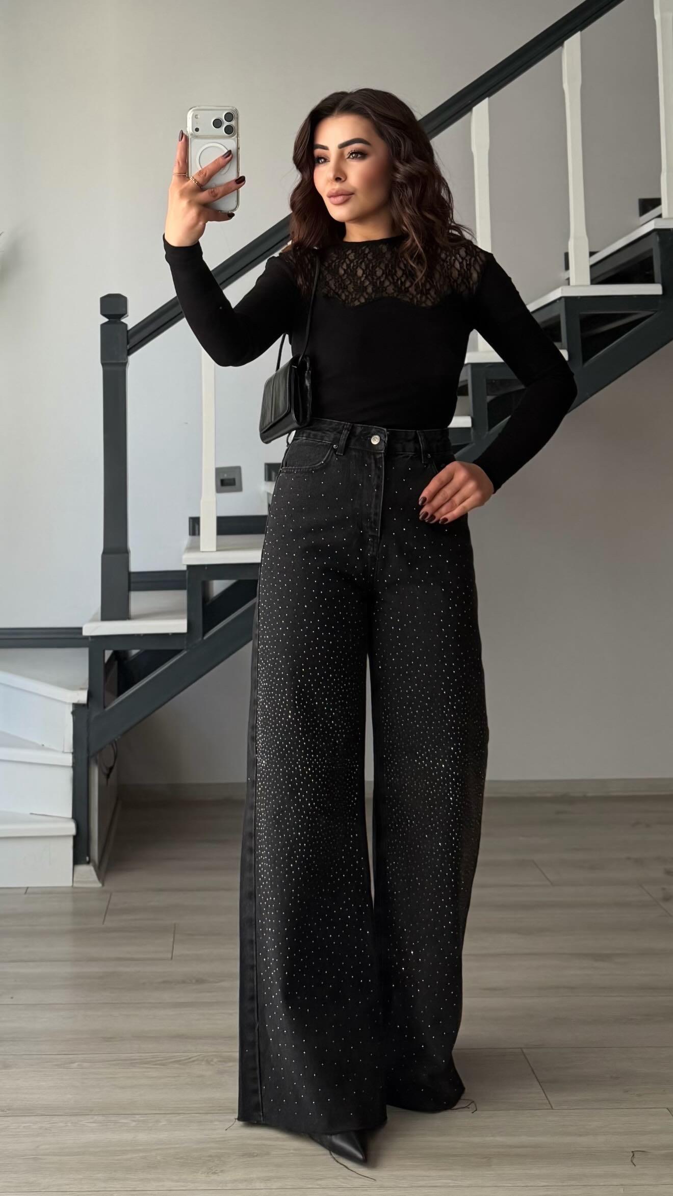 Siyah Minimal Taşlı Wide Leg Jean